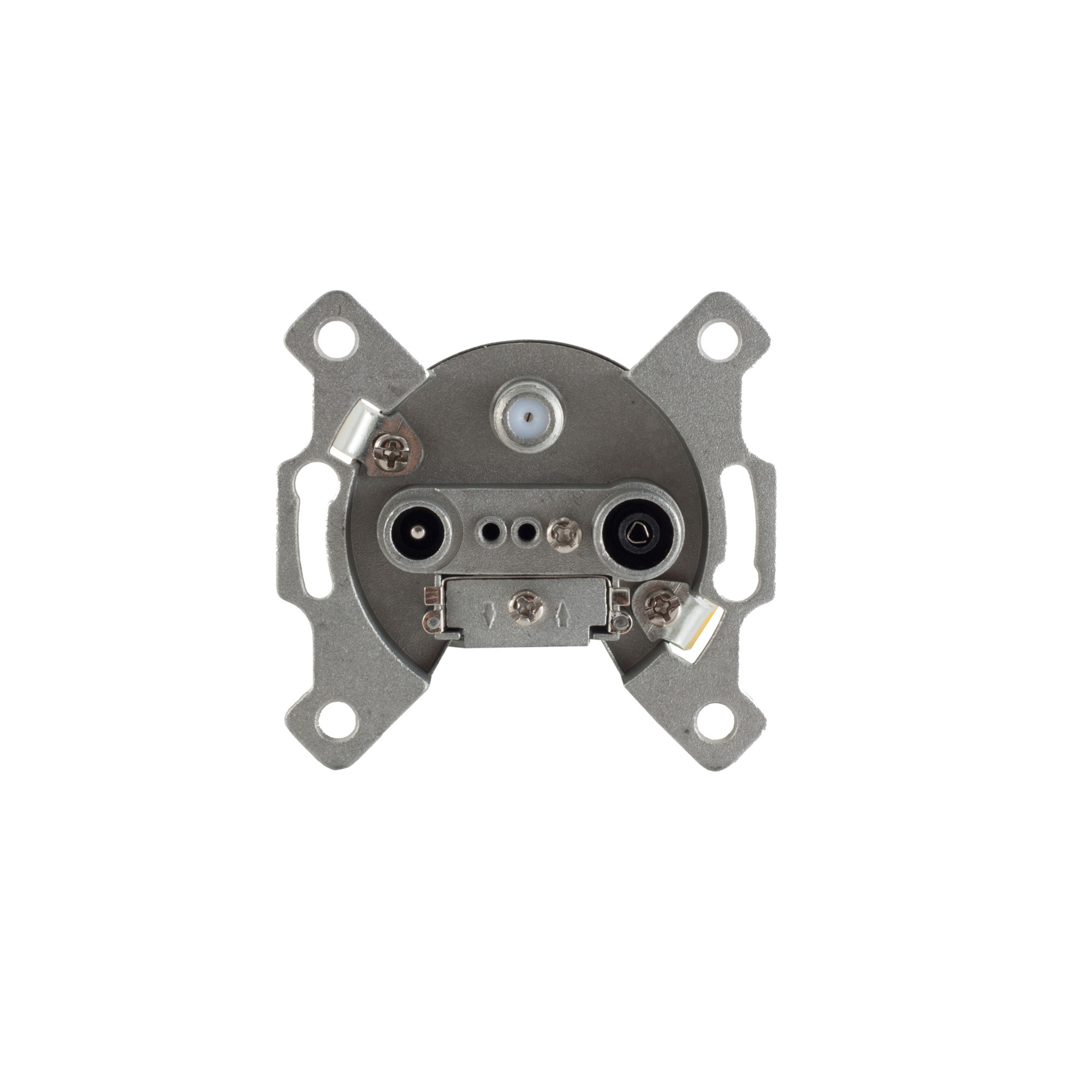 Silberfarbene Metallhalterung mit mehreren Anschlüssen.