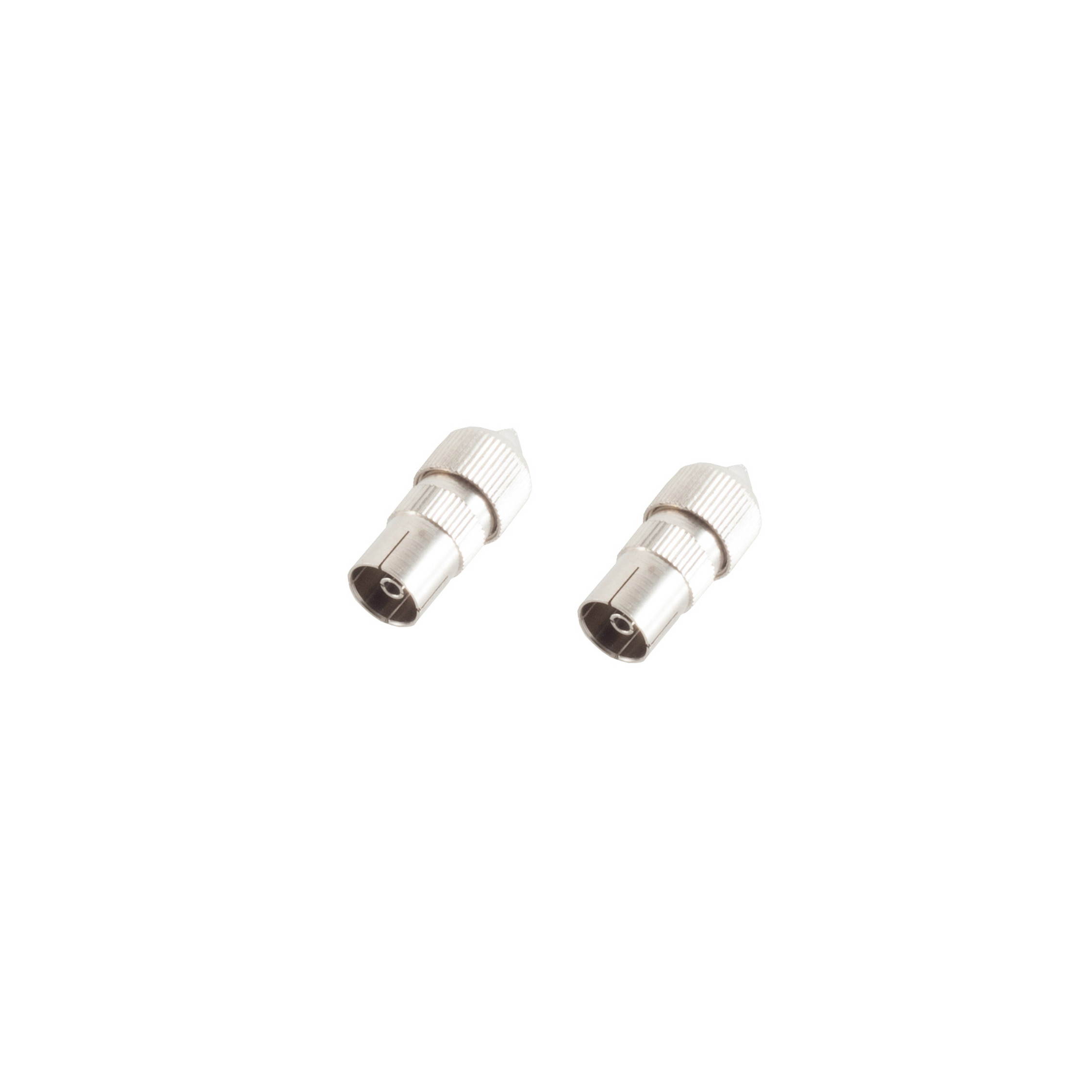 Zwei silberne F-Stecker auf weißem Untergrund. Sie haben eine zylindrische Form mit Gewinde.