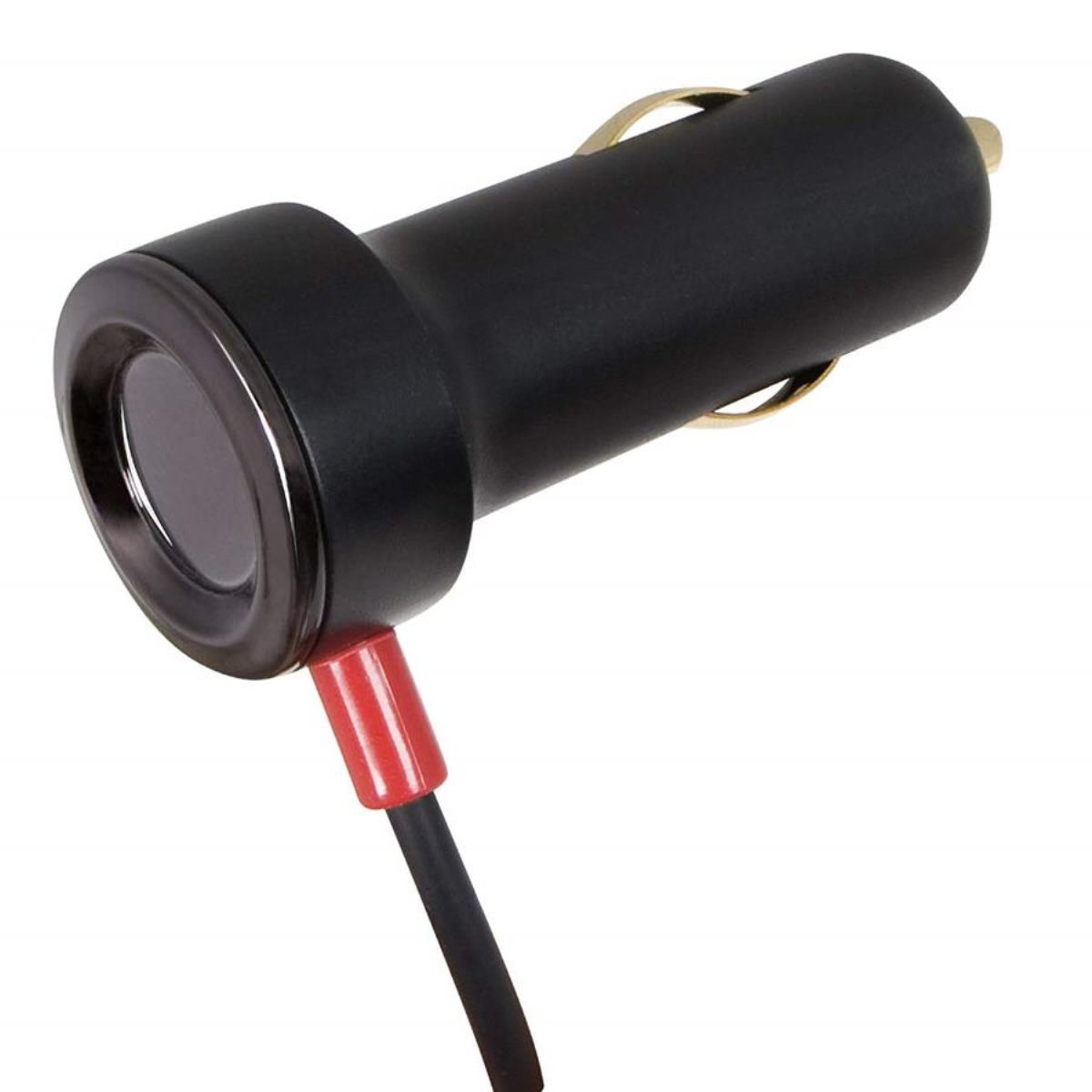 Schwarzes Autoladegerät mit rotem Kabel und schwarzem Stecker.