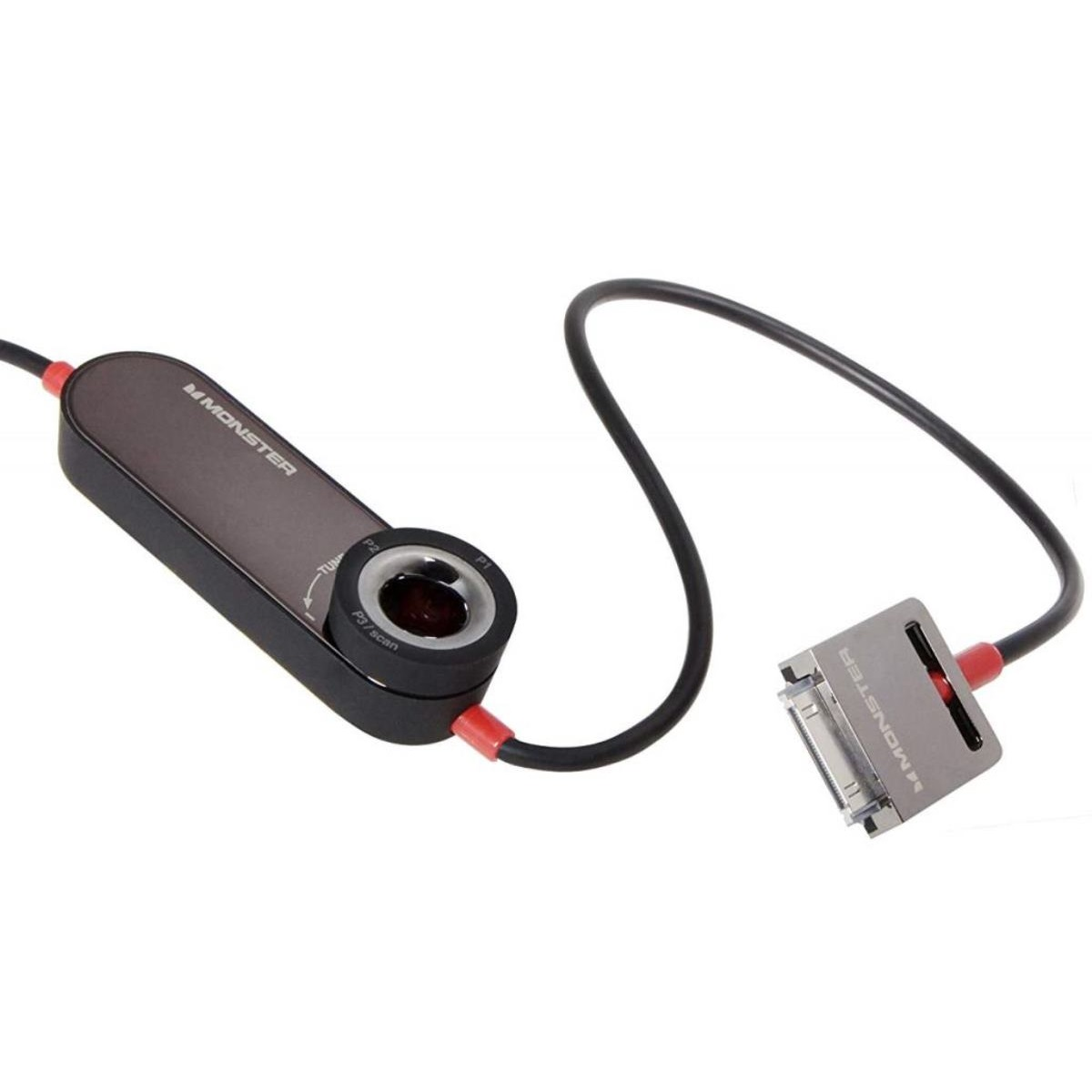 Schwarz-graues Kabel mit zwei Enden. Ein Ende ist ein Monster-Produkt. Das andere Ende ist ein Stecker.