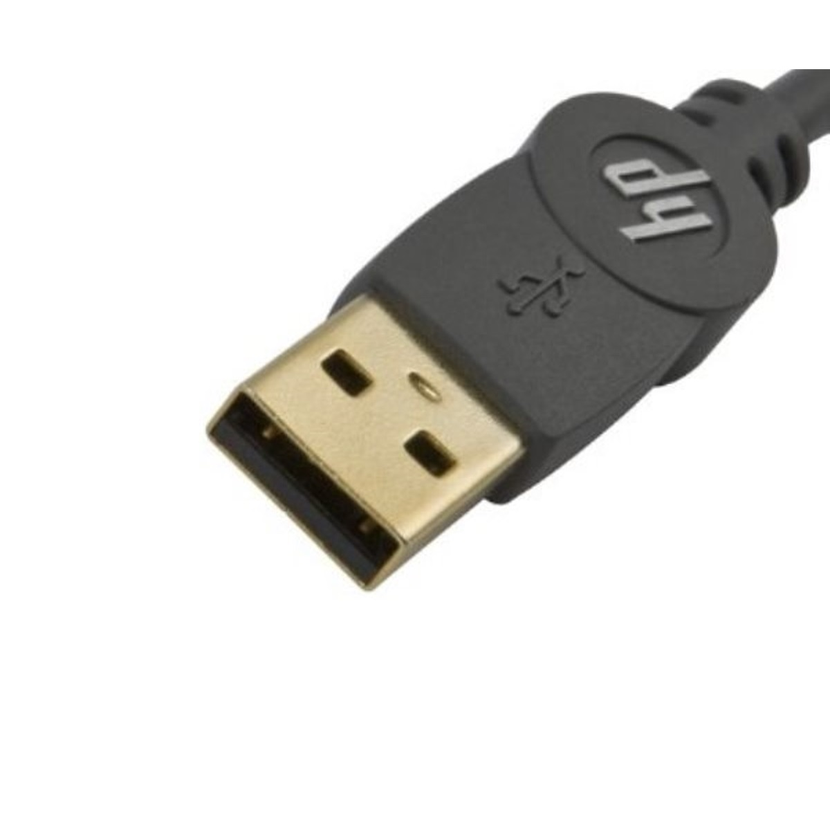 Nahaufnahme eines schwarzen und goldenen USB-Kabels. Das USB-Ende hat einen goldfarbenen Stecker.