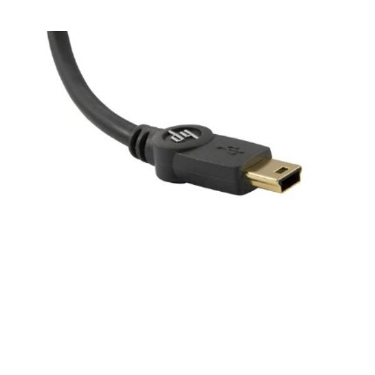 Ein schwarzes USB-Kabel mit HP-Logo und goldfarbenem Anschluss.