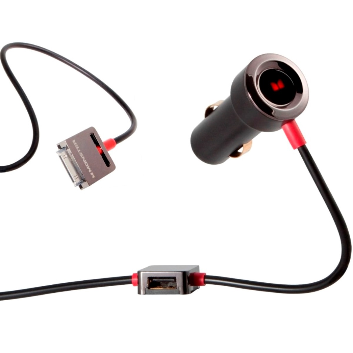 Schwarzes Autoladegerät mit USB-Anschluss und Apple-Kabel.