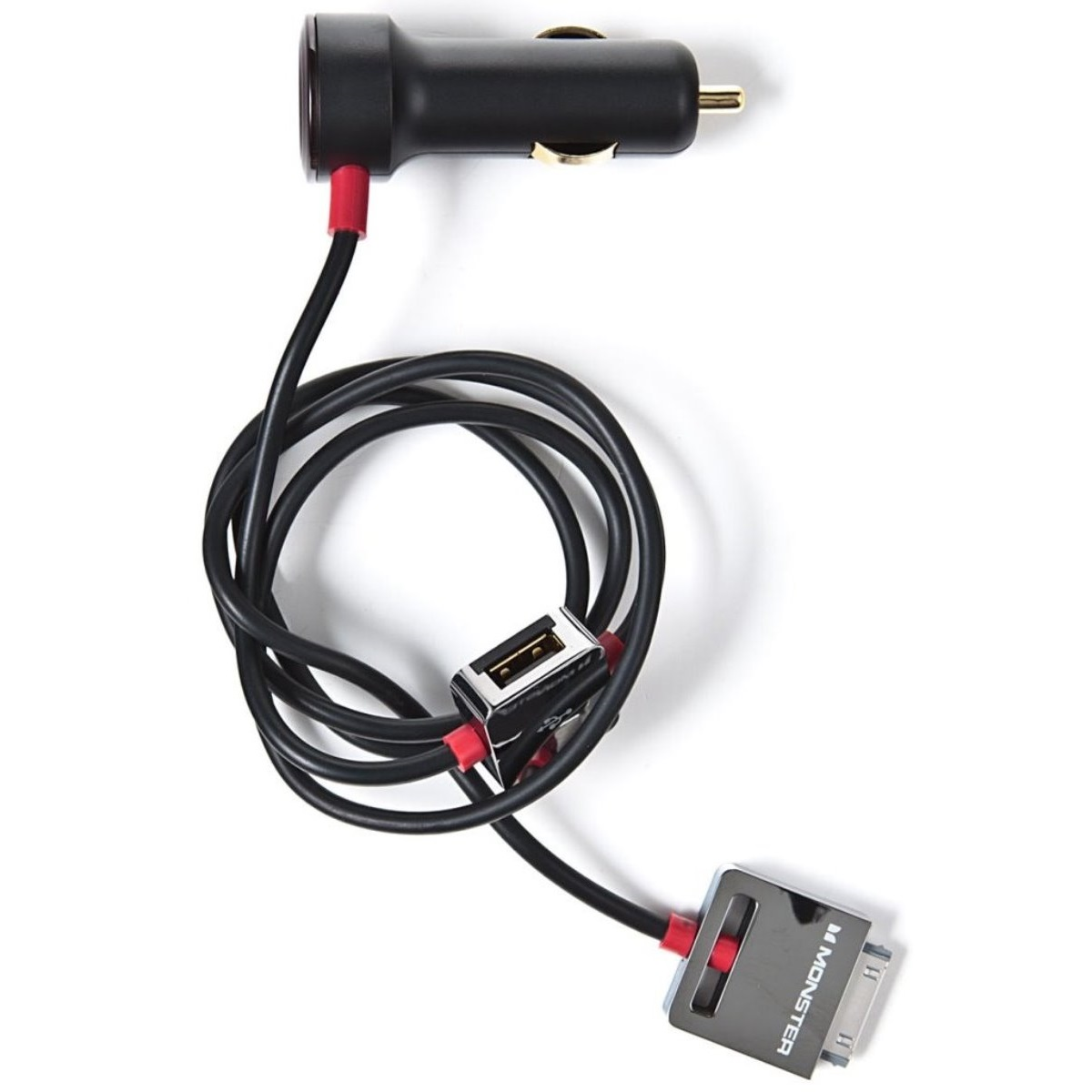 Ein schwarzes Autoladegerät mit USB-Anschluss und Ladekabel. Das Kabel ist mit einem Monster-Adapter verbunden.