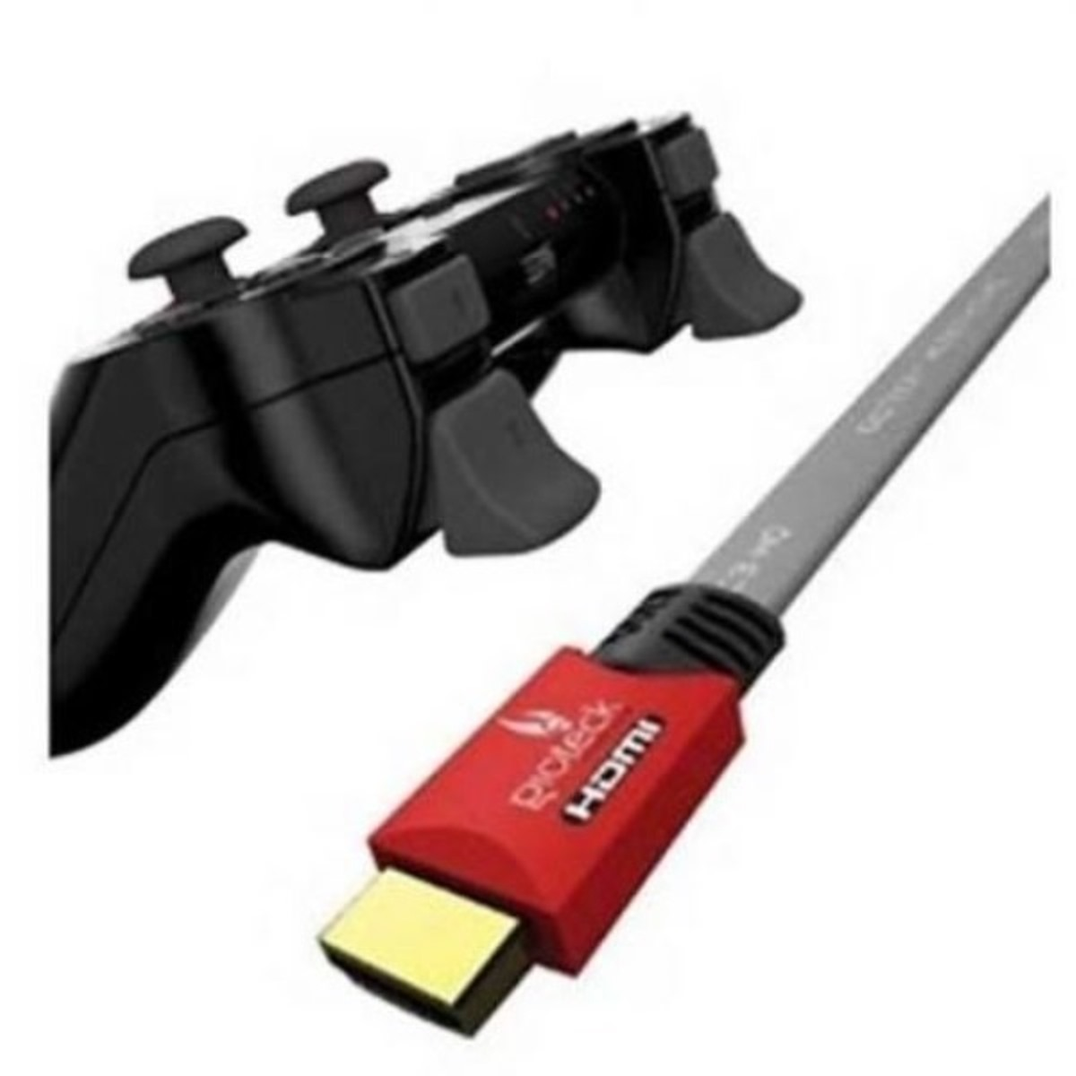 Schwarzer Gamecontroller und rotes HDMI-Kabel. Der Controller hat zwei Daumensticks. Das Kabel hat rote Enden.