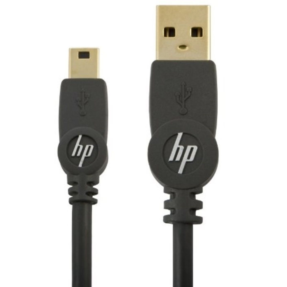 Schwarzes USB-Kabel, zwei Anschlüsse mit HP-Logo sichtbar. Einer ist USB-A, der andere Mini-USB.