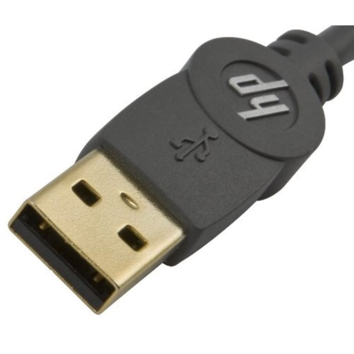 Nahaufnahme eines HP USB-Anschlusses mit goldfarbenem Ende und Logo.