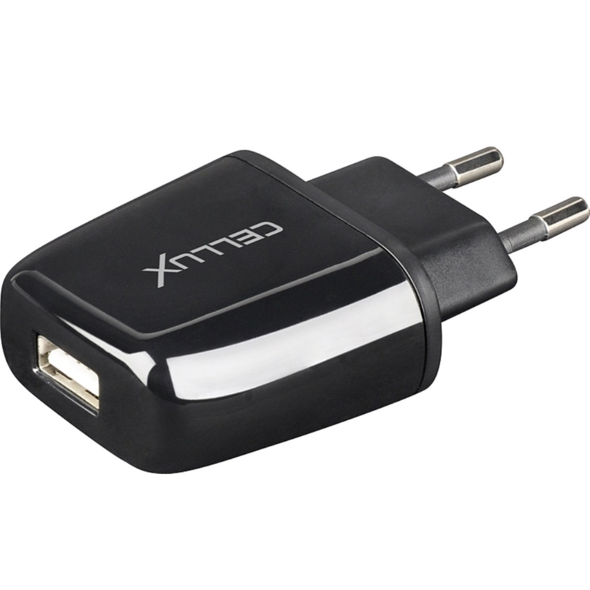 Schwarzes USB-Wandladegerät mit zwei Stiften. Der Text CELLUX ist darauf zu sehen.