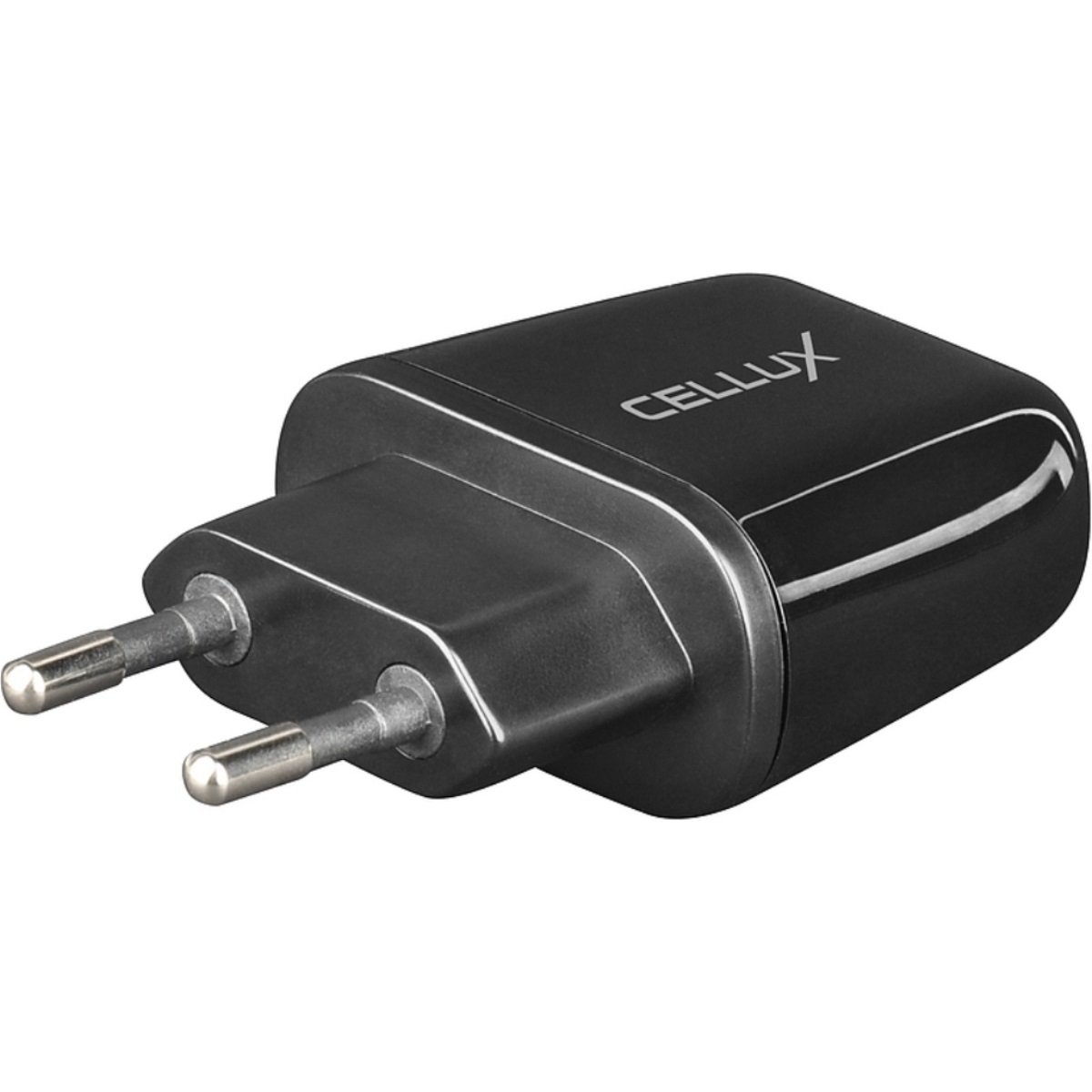 Schwarzes Handy-Ladegerät mit zwei silbernen Stiften. Der Markenname ist CELLUX.