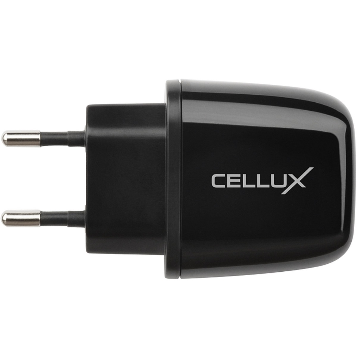 Ein schwarzes Wandladegerät mit zwei Stiften und dem 'CELLUX'-Logo.