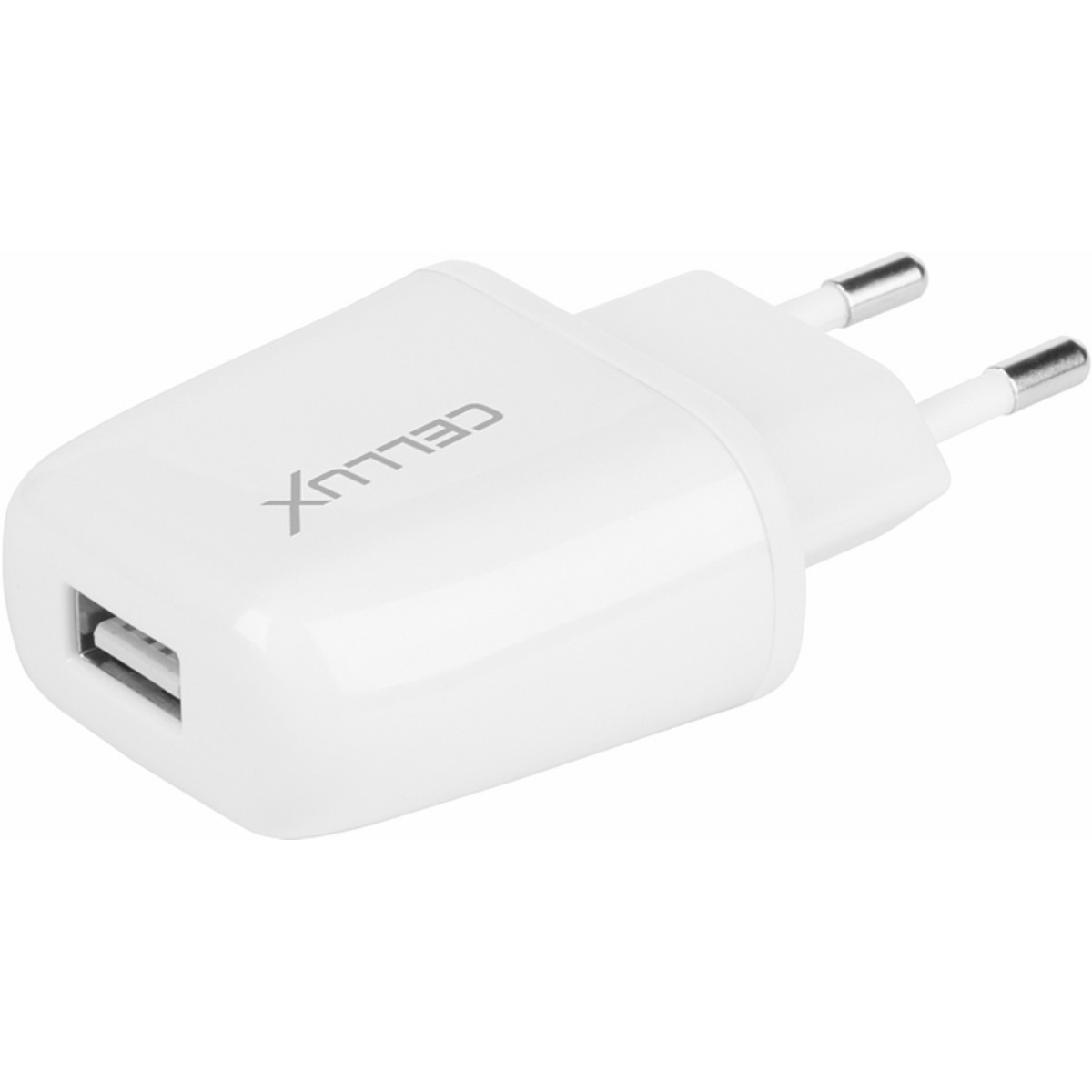 Weißes Telefonladegerät mit USB-Anschluss. Das Ladegerät hat Stifte zum Einstecken in eine Steckdose.