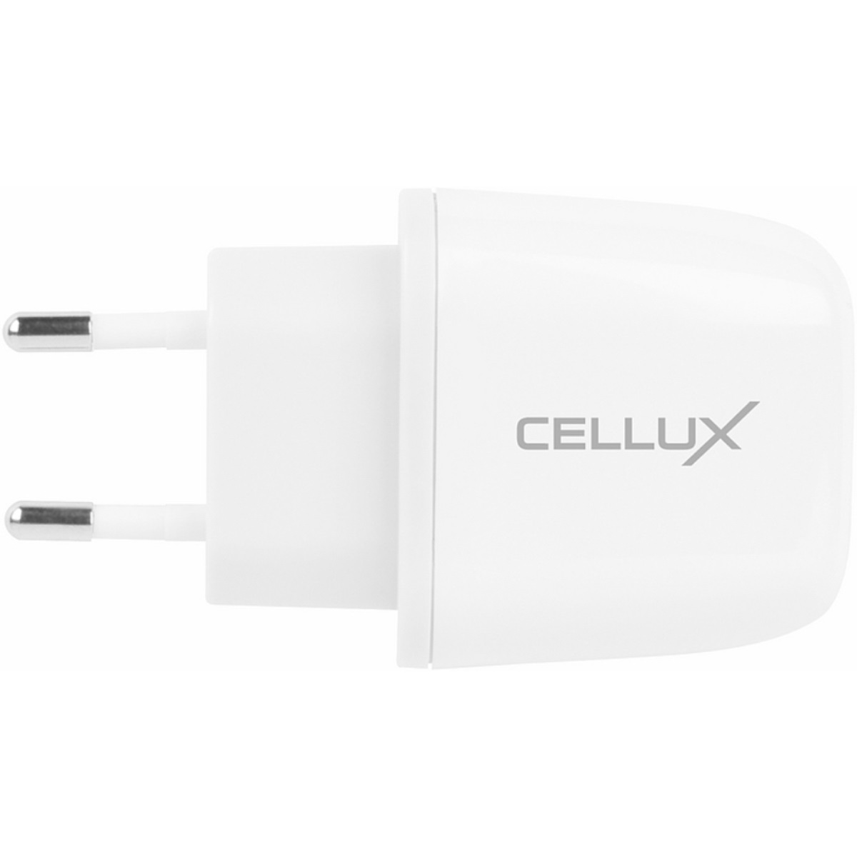 Weißes Cellux-Telefonladegerät mit zwei Stiften. Das Cellux-Logo ist auf der Vorderseite aufgedruckt.