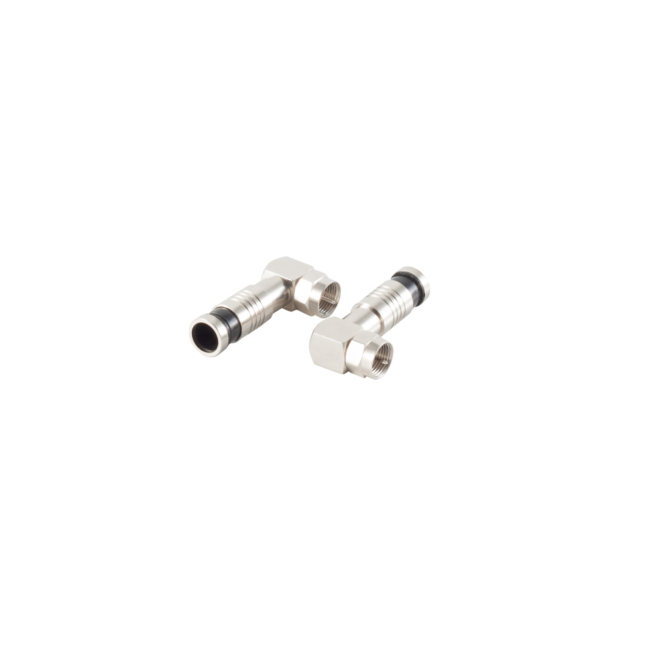 Zwei Metall-F-Stecker-Adapter auf weißem Hintergrund. Sie haben L-Formen und Gewinde.