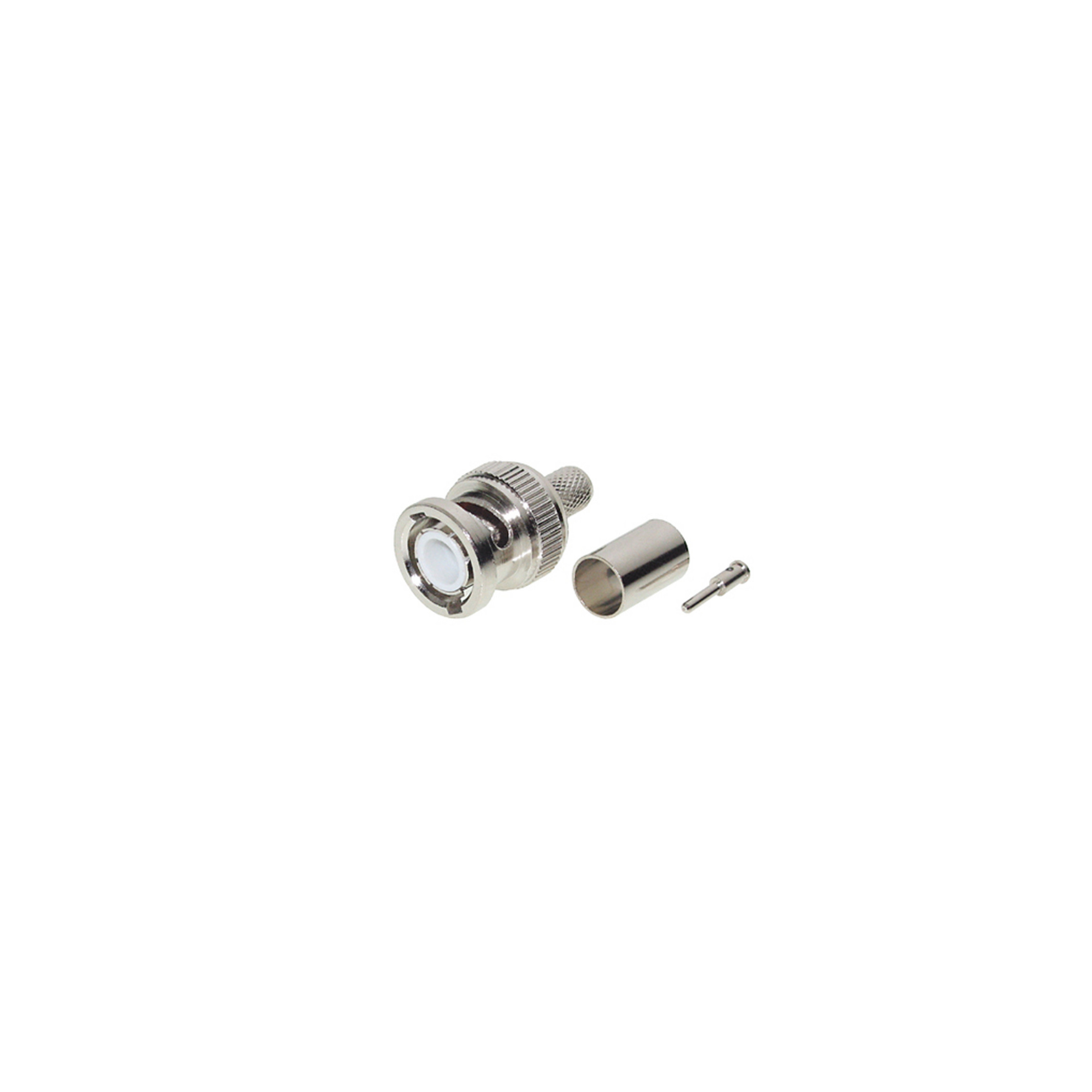 Silberner BNC-Stecker mit getrennten Teilen. Ein Koaxialkabel-Stecker auf weißem Hintergrund.