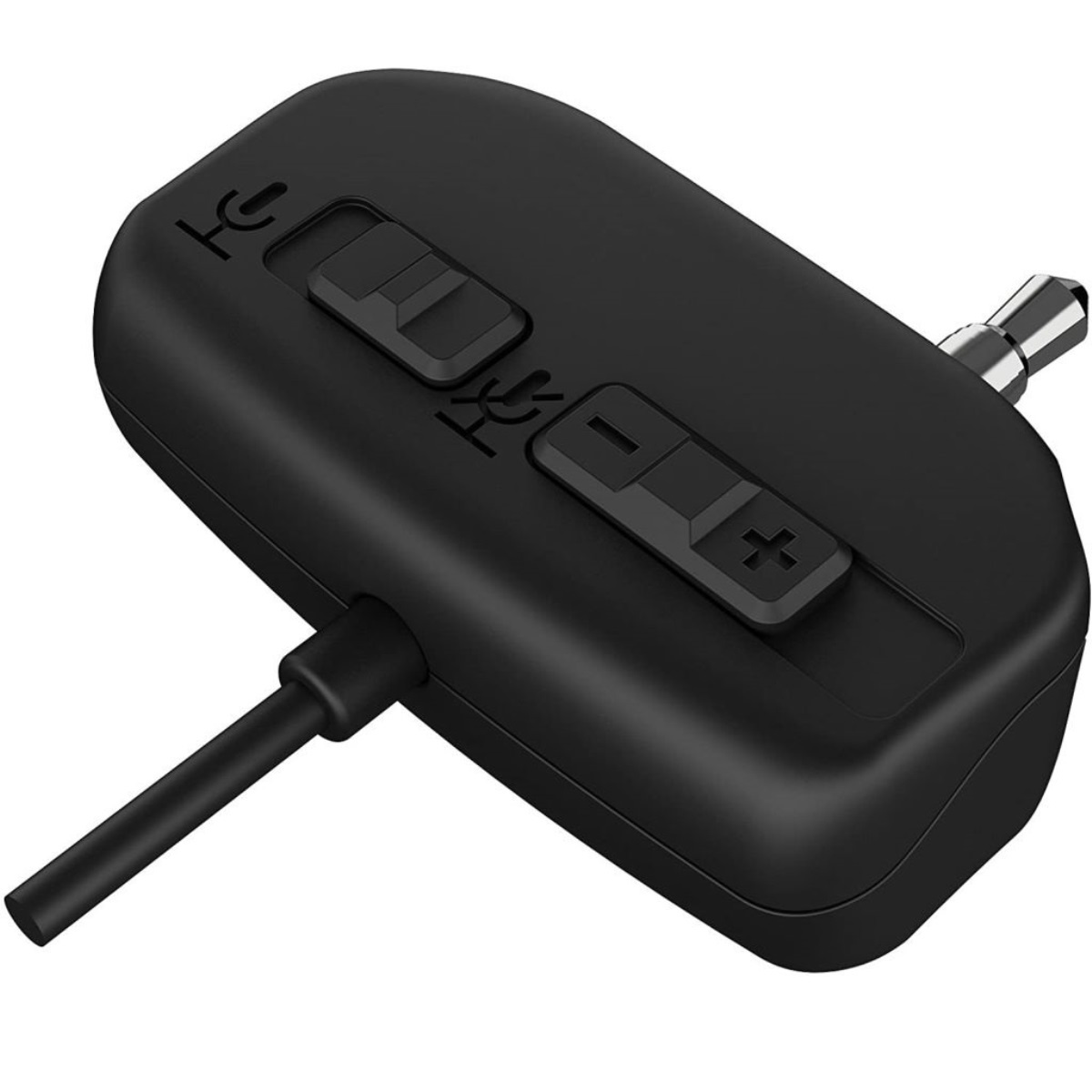 Adaptador de audio negro con botones y un enchufe, que muestra controles de volumen y un icono de micrófono.