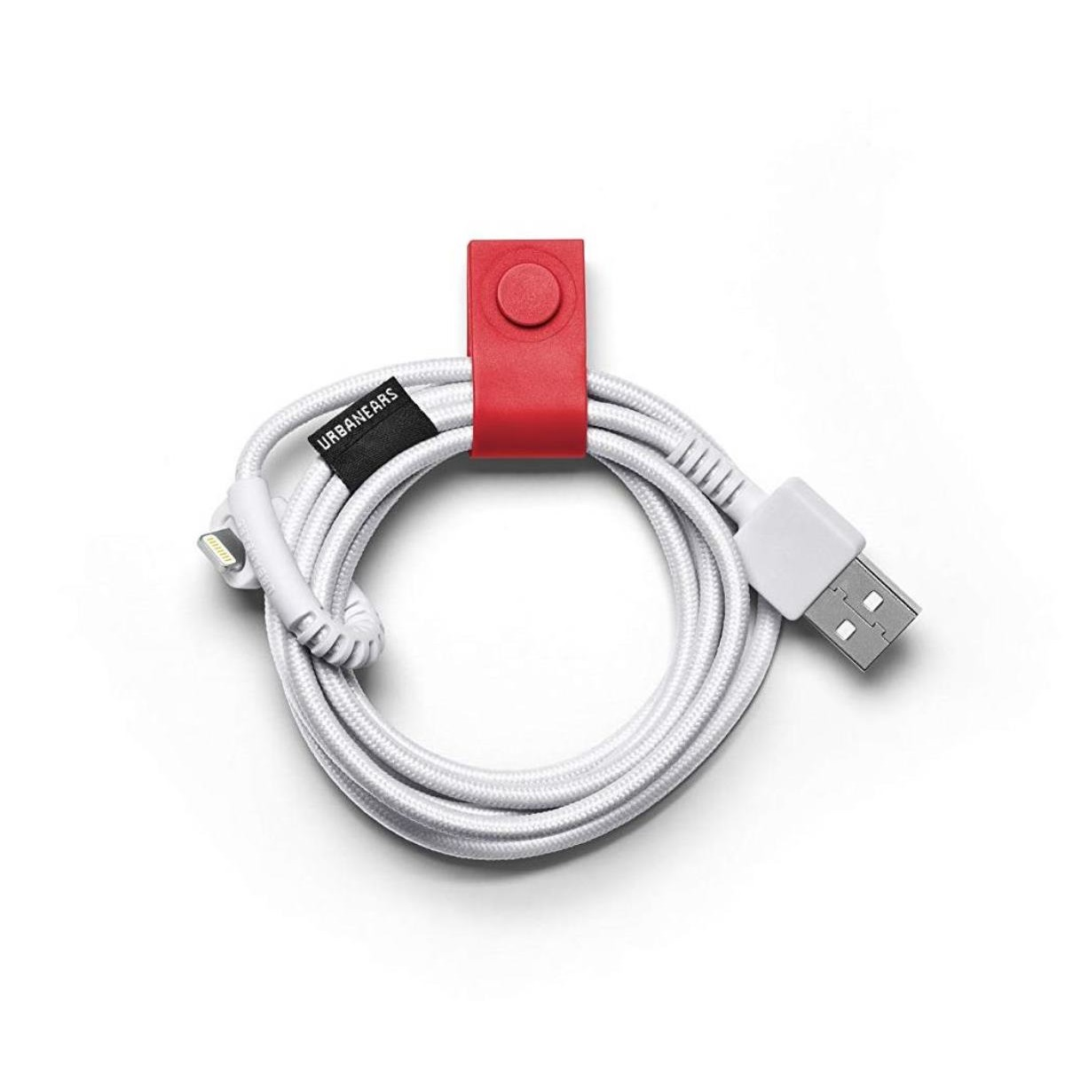 Weißes geflochtenes Ladekabel mit rotem Kabel-Organizer.