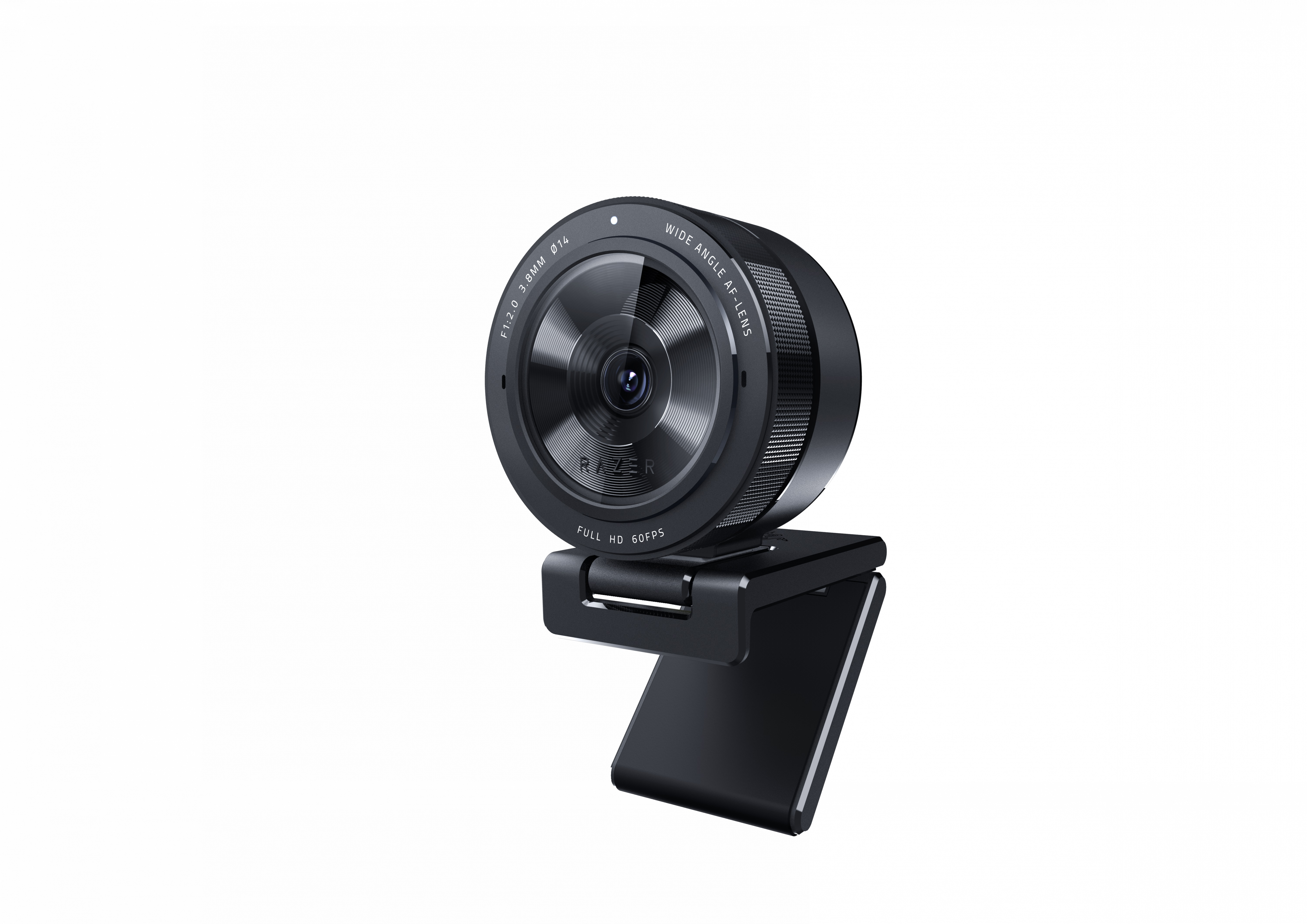 Eine schwarze Webcam mit Weitwinkelobjektiv steht auf einem schwarzen Ständer vor weißem Hintergrund.