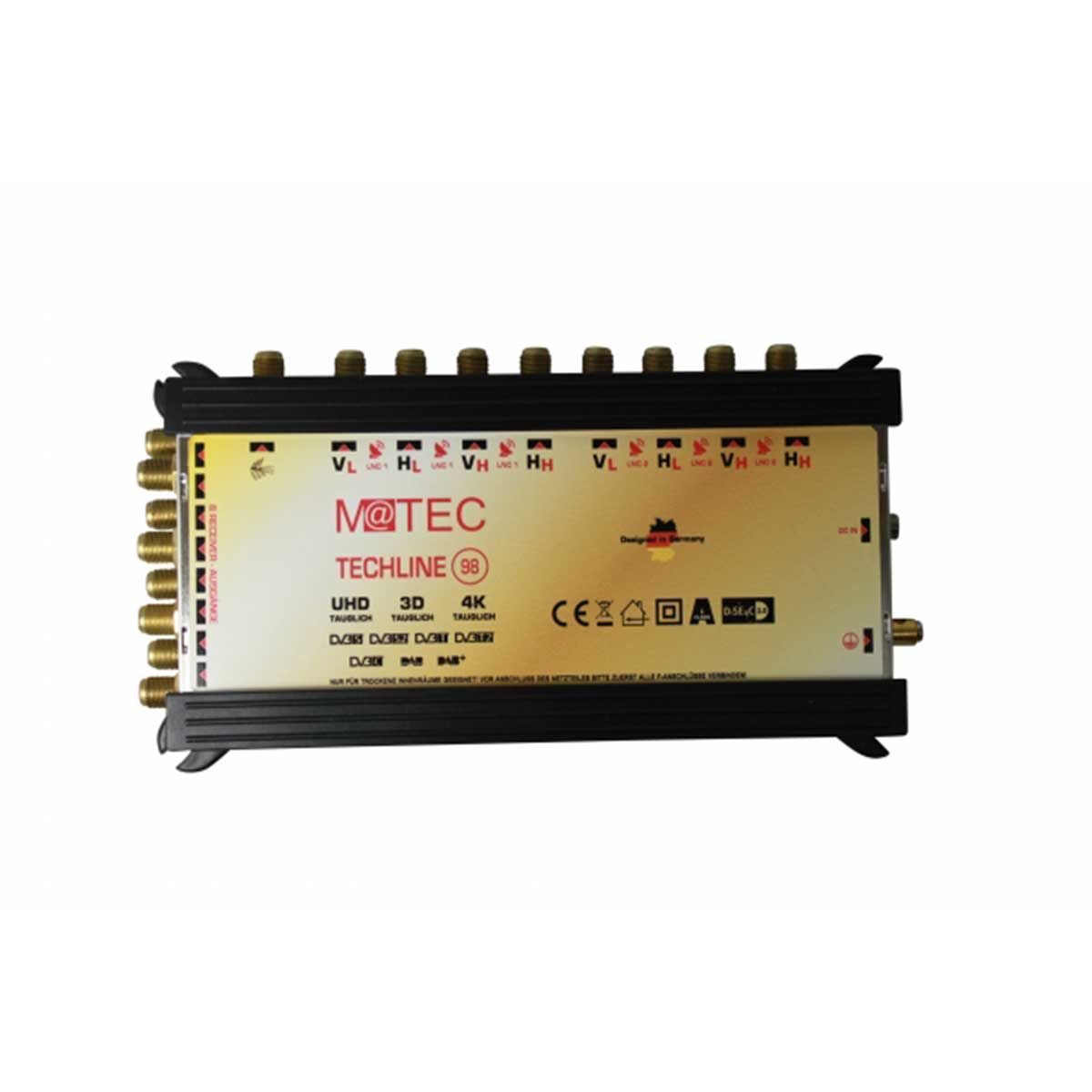 Ein schwarzes M@tec Techline 98 Gerät mit mehreren Anschlüssen und Text auf weißem Hintergrund.