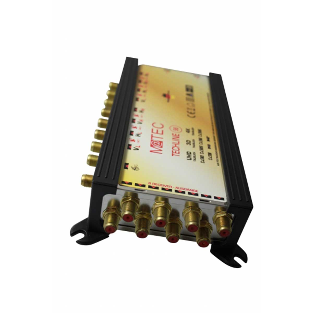 Schwarzes elektronisches Gerät mit mehreren goldenen Anschlüssen, Winkelansicht.