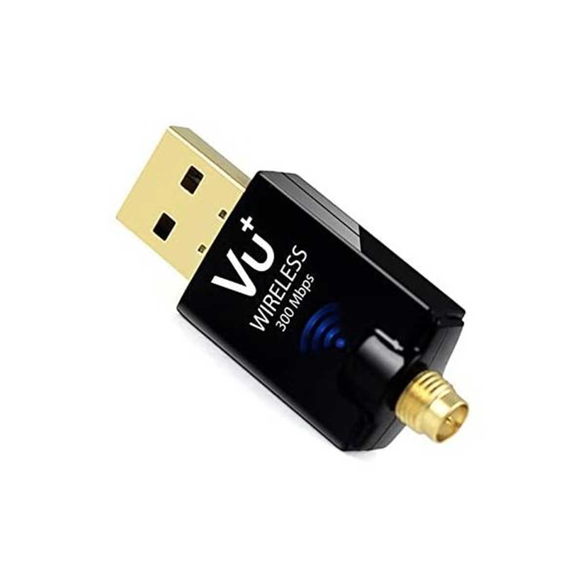 Schwarzer und goldfarbener USB-WLAN-Adapter. Der Text lautet: Vu+ Wireless 300 Mbps.