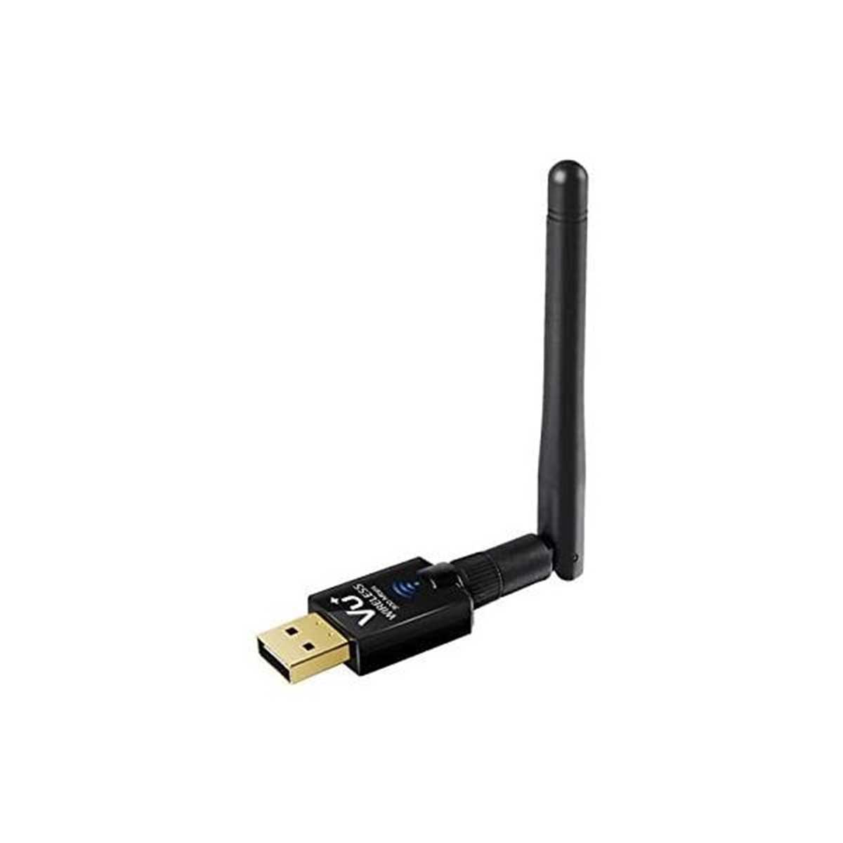 Ein schwarzer USB-WLAN-Adapter mit langer Antenne, isoliert auf weißem Hintergrund.
