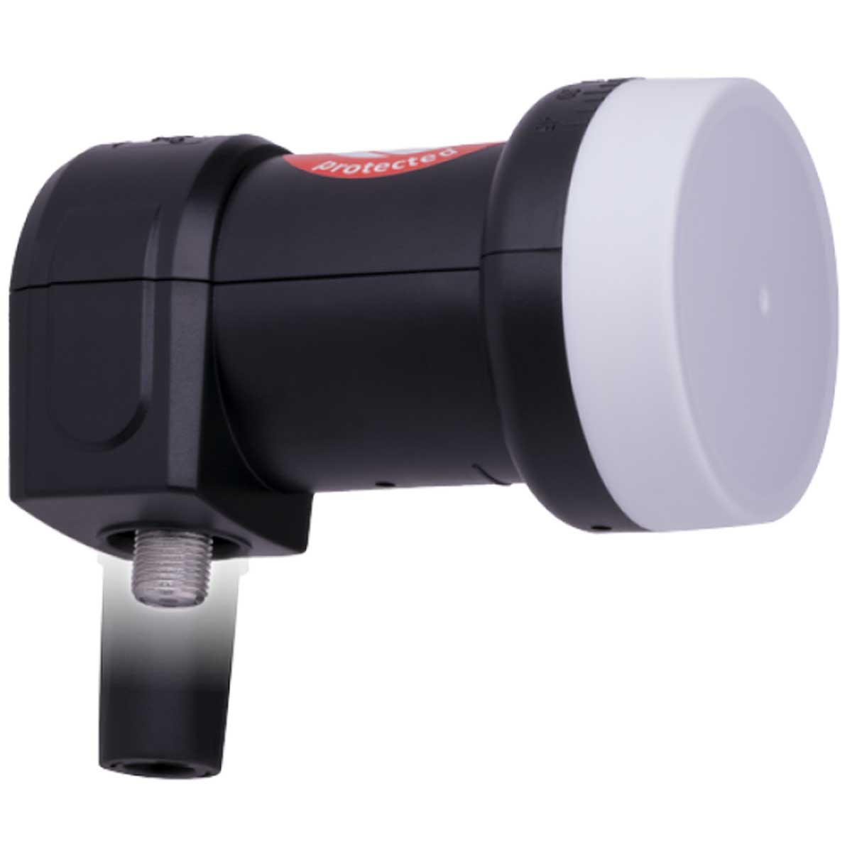 Schwarzes Satelliten-LNB. Es ist ein Gerät zum Empfang von Satellitensignalen. Weißer Hintergrund.