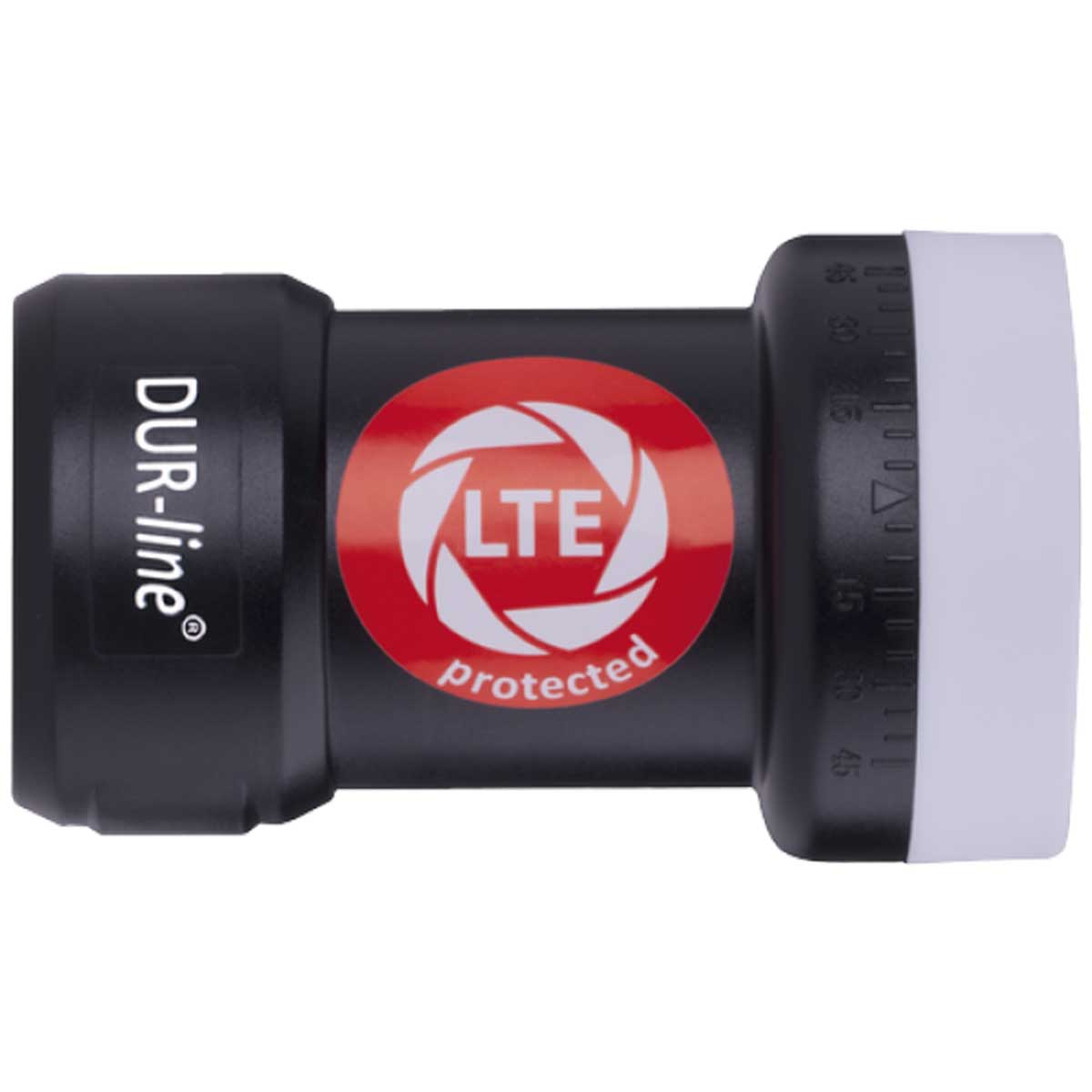 Schwarze LTE-geschützte Antenne mit rotem und weißem Etikett.