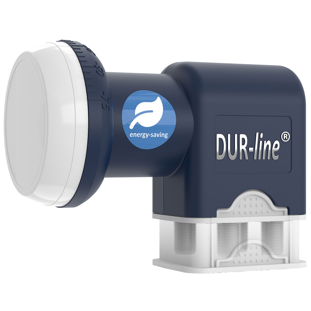 Dunkelblaues Satelliten-LNB-Gerät mit weißem Ende und blauem Etikett.