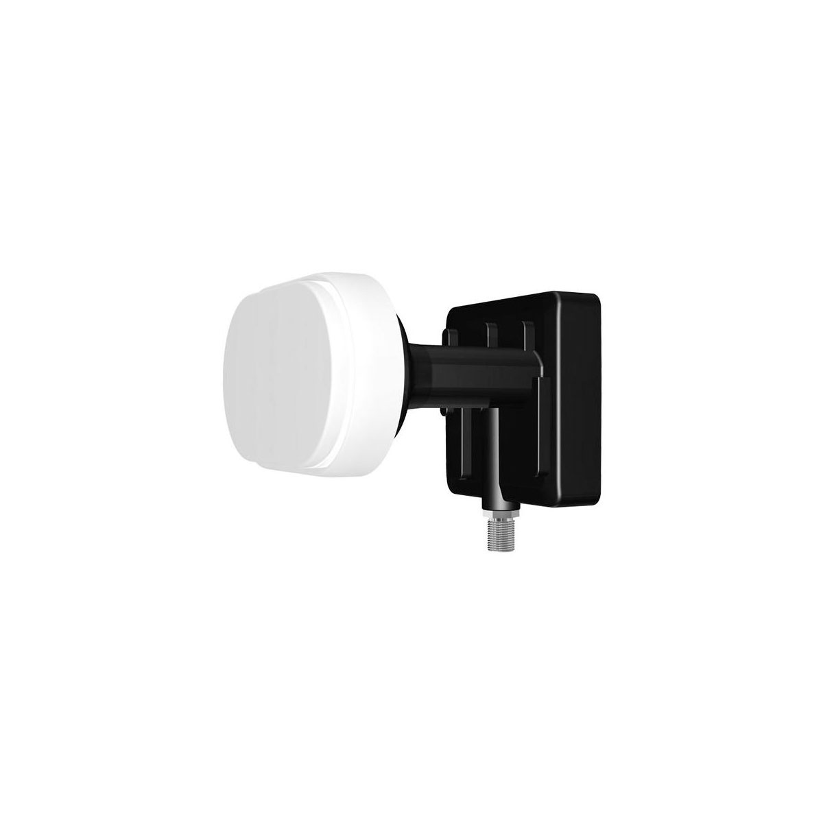 Ein weißes und schwarzes Satelliten-LNB vor weißem Hintergrund.