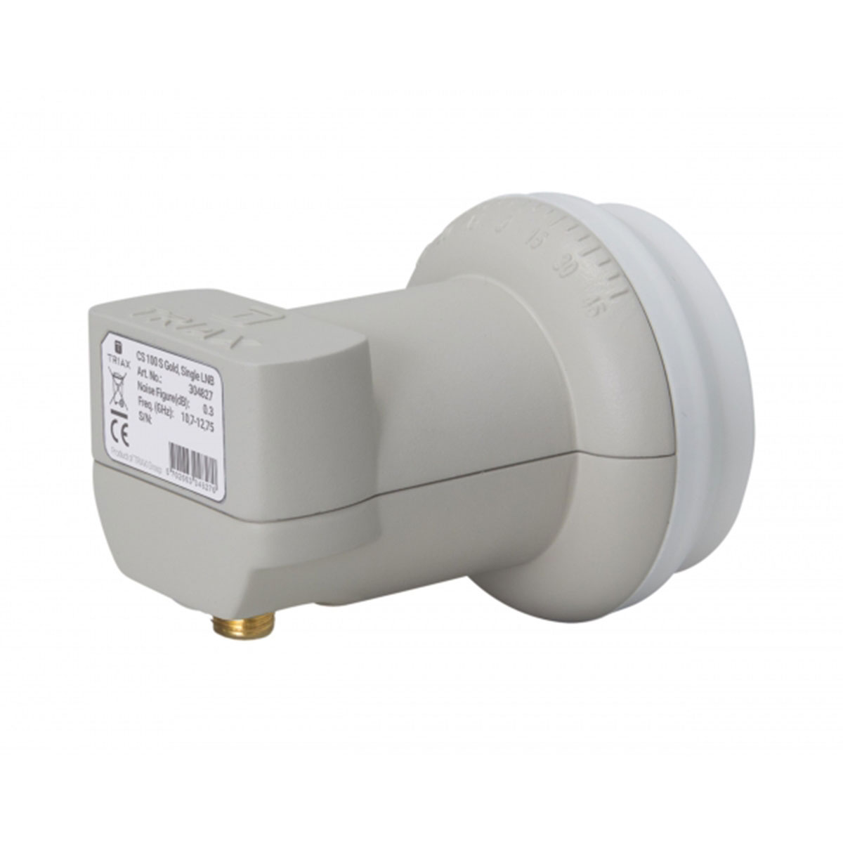 Ein grauer LNB-Empfänger liegt auf einer weißen Oberfläche. Das Gerät hat ein Etikett mit technischen Daten.