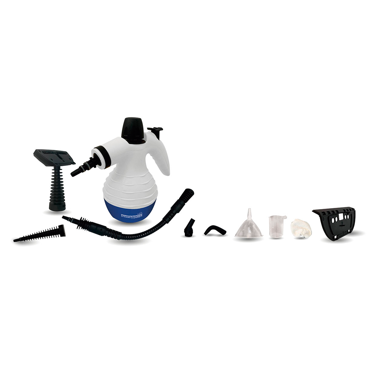 Nettoyeur vapeur avec divers accessoires. Le nettoyeur est blanc et bleu.