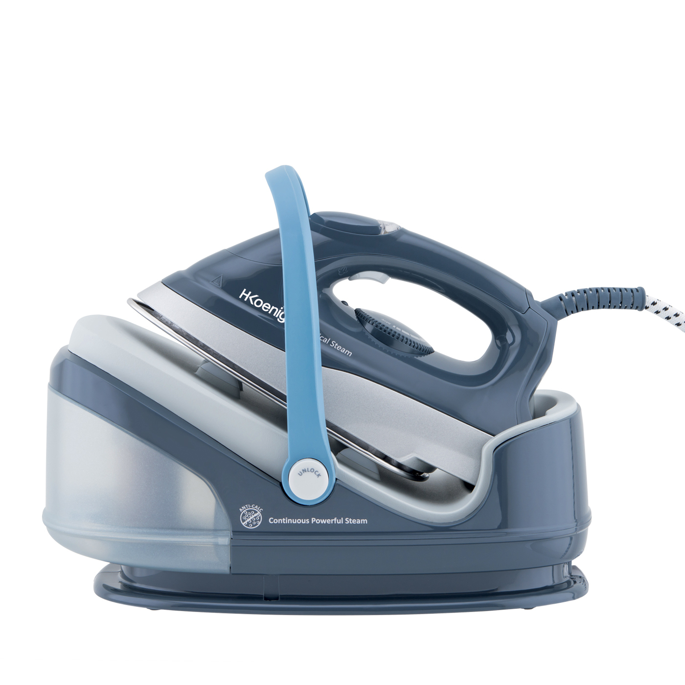 Ferro da stiro a vapore HKoenig blu e grigio con manico e base azzurra. Sfondo bianco.