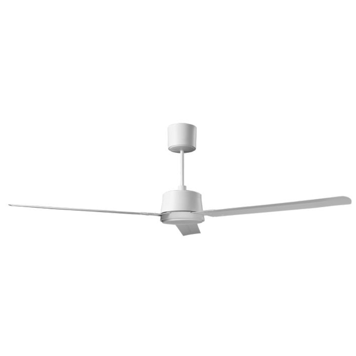 Weißer Deckenventilator mit zwei Flügeln. Es hat ein Mittelstück und eine vertikale Stange.