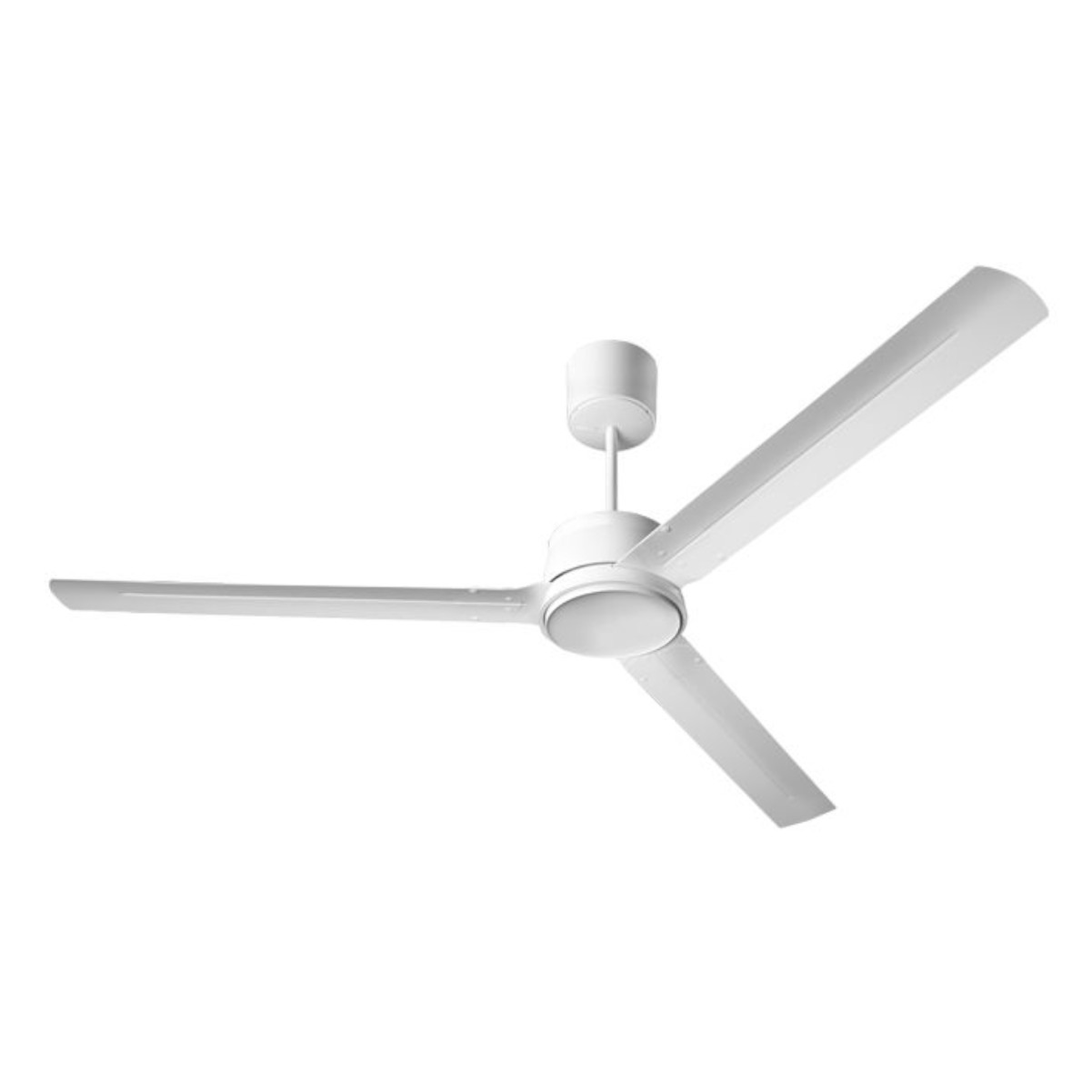 Ein weißer Deckenventilator mit drei Flügeln. Der Ventilator ist auf weißem Grund.