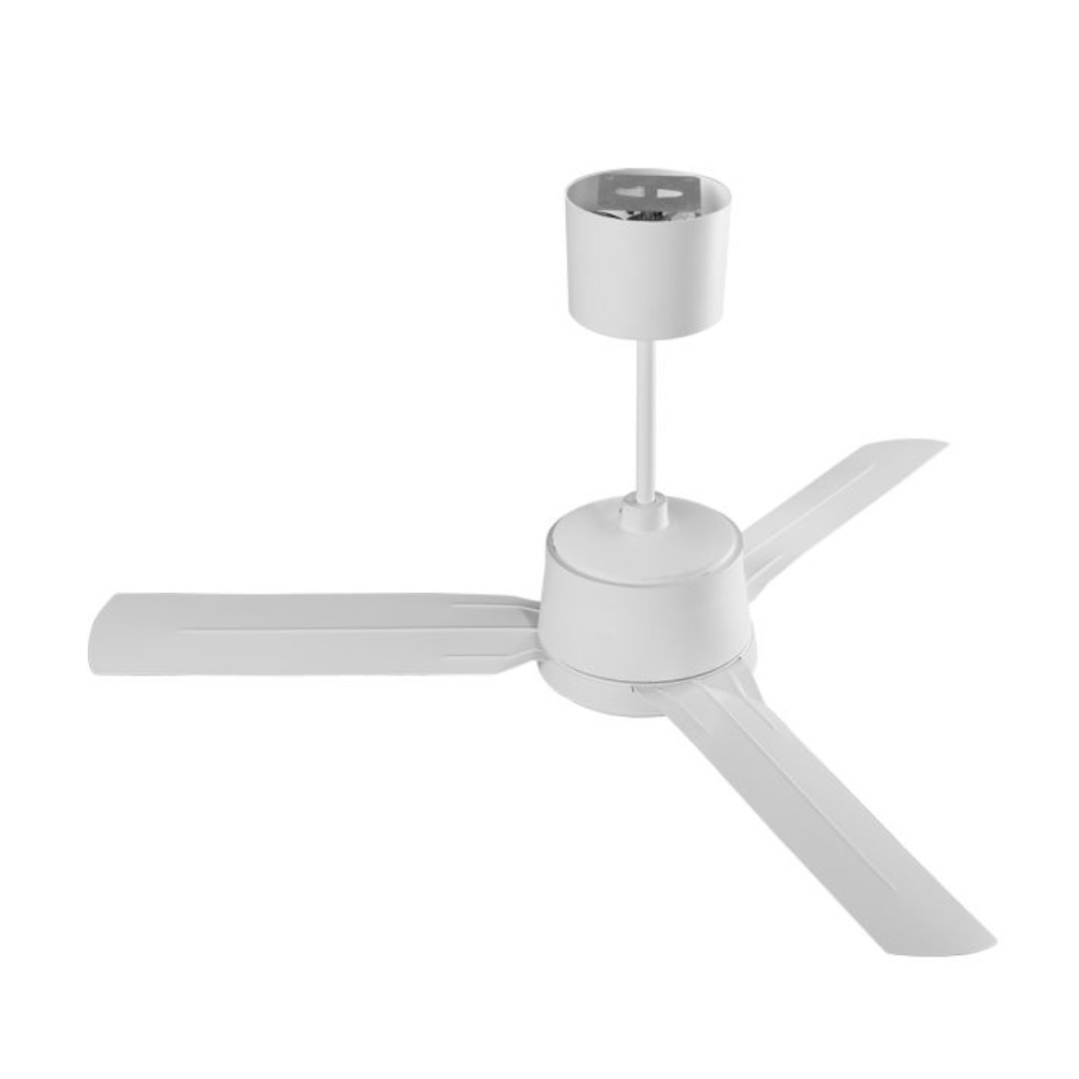 Weißer Deckenventilator mit drei Flügeln und weißem Motorgehäuse.
