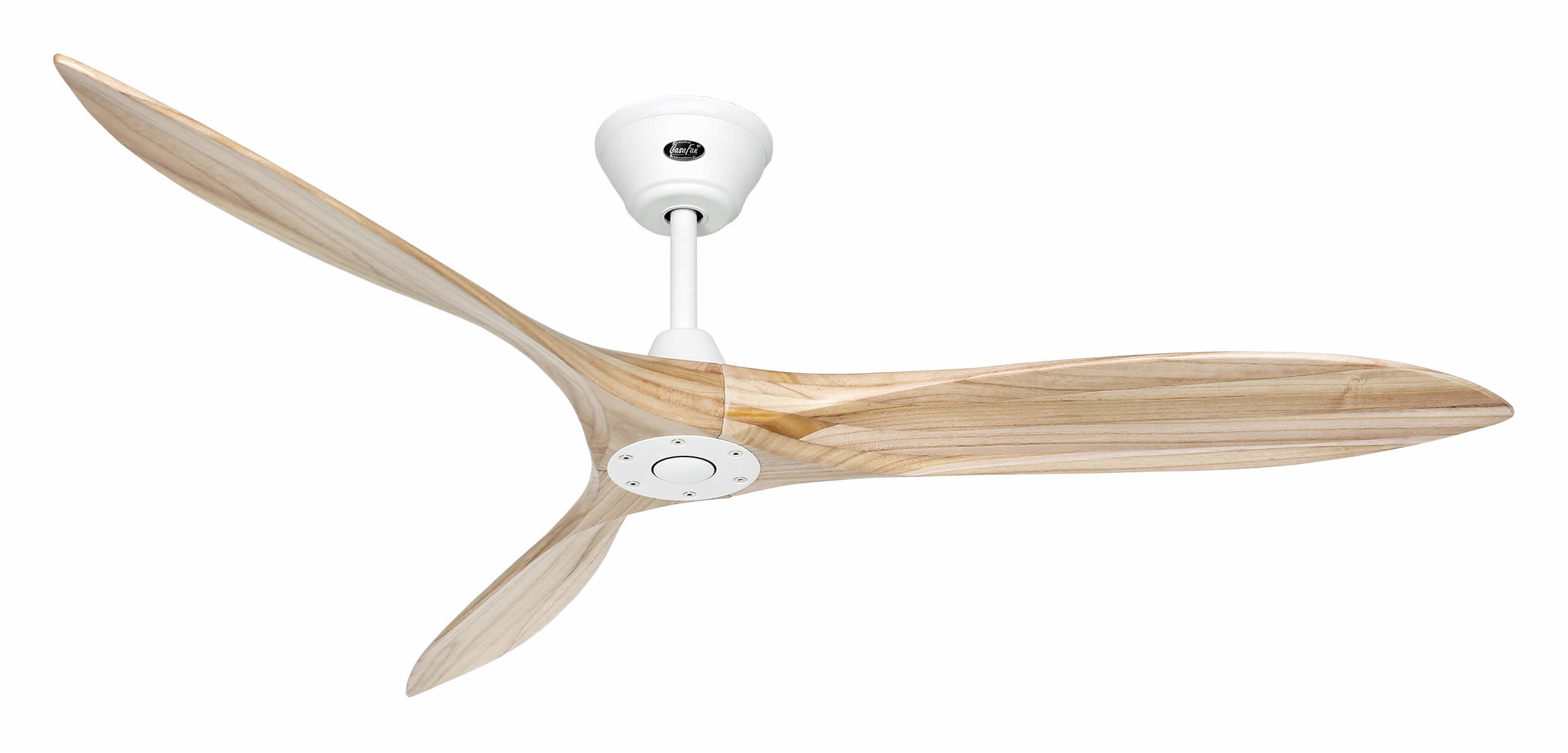 Ventilatore da soffitto bianco con tre pale su sfondo bianco.