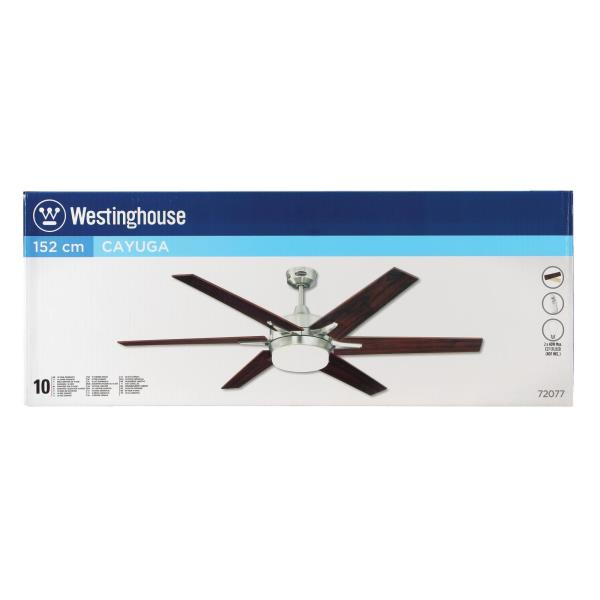 Una scatola di un ventilatore da soffitto con nome del marchio e descrizione del prodotto.