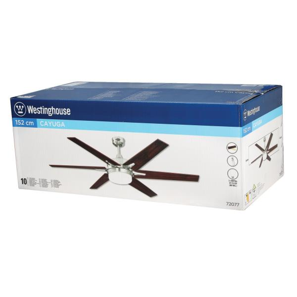Ventilatore da soffitto Westinghouse Cayuga in scatola, scatola bianca e blu, illustrazione del ventilatore, pale nere.