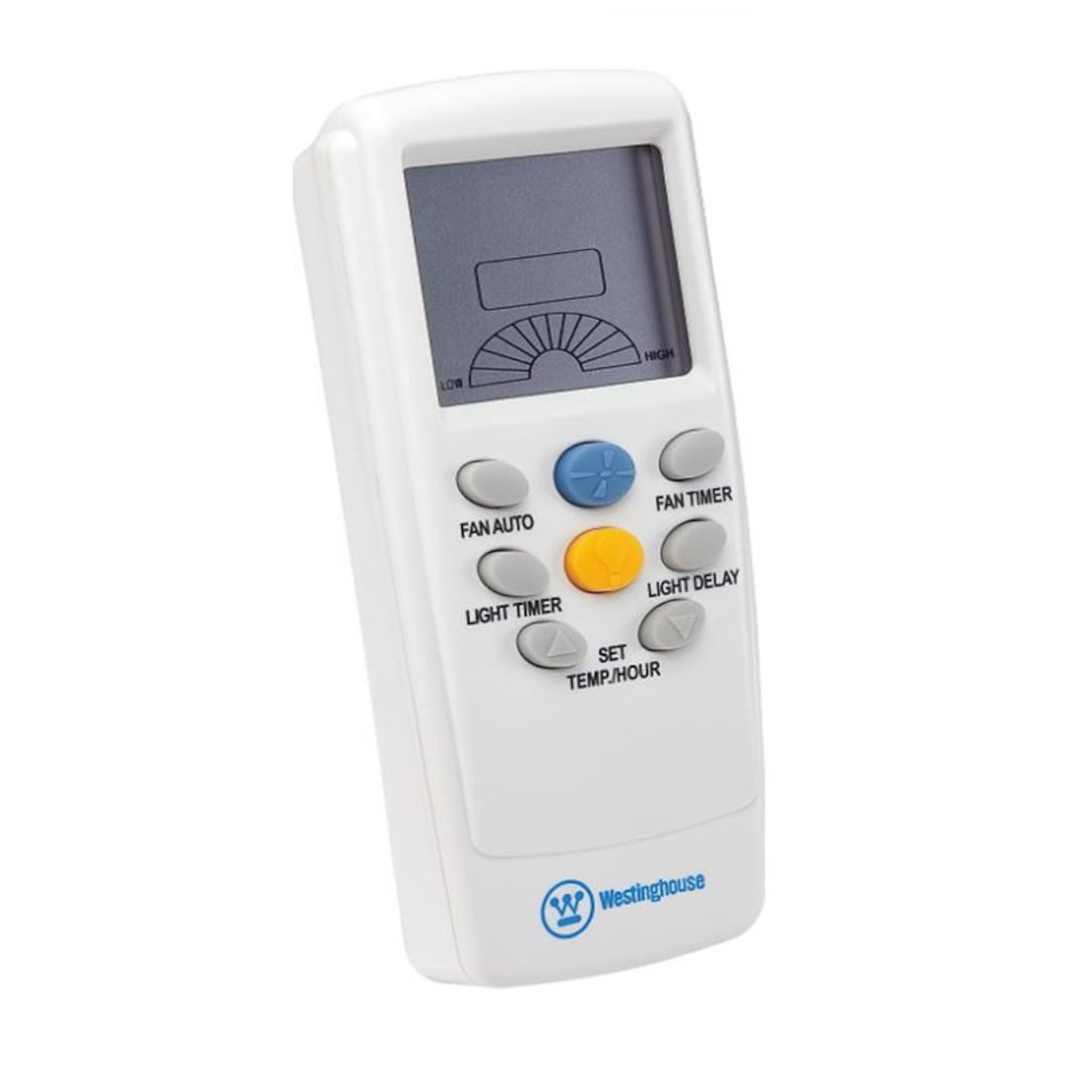 Telecomando ventilatore bianco con pulsanti e schermo.