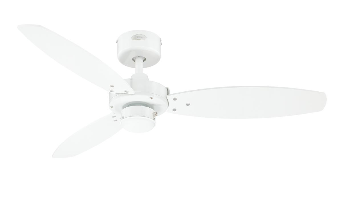 Weißer Deckenventilator mit drei Flügeln und einer zentralen Leuchte, auf weißem Hintergrund.