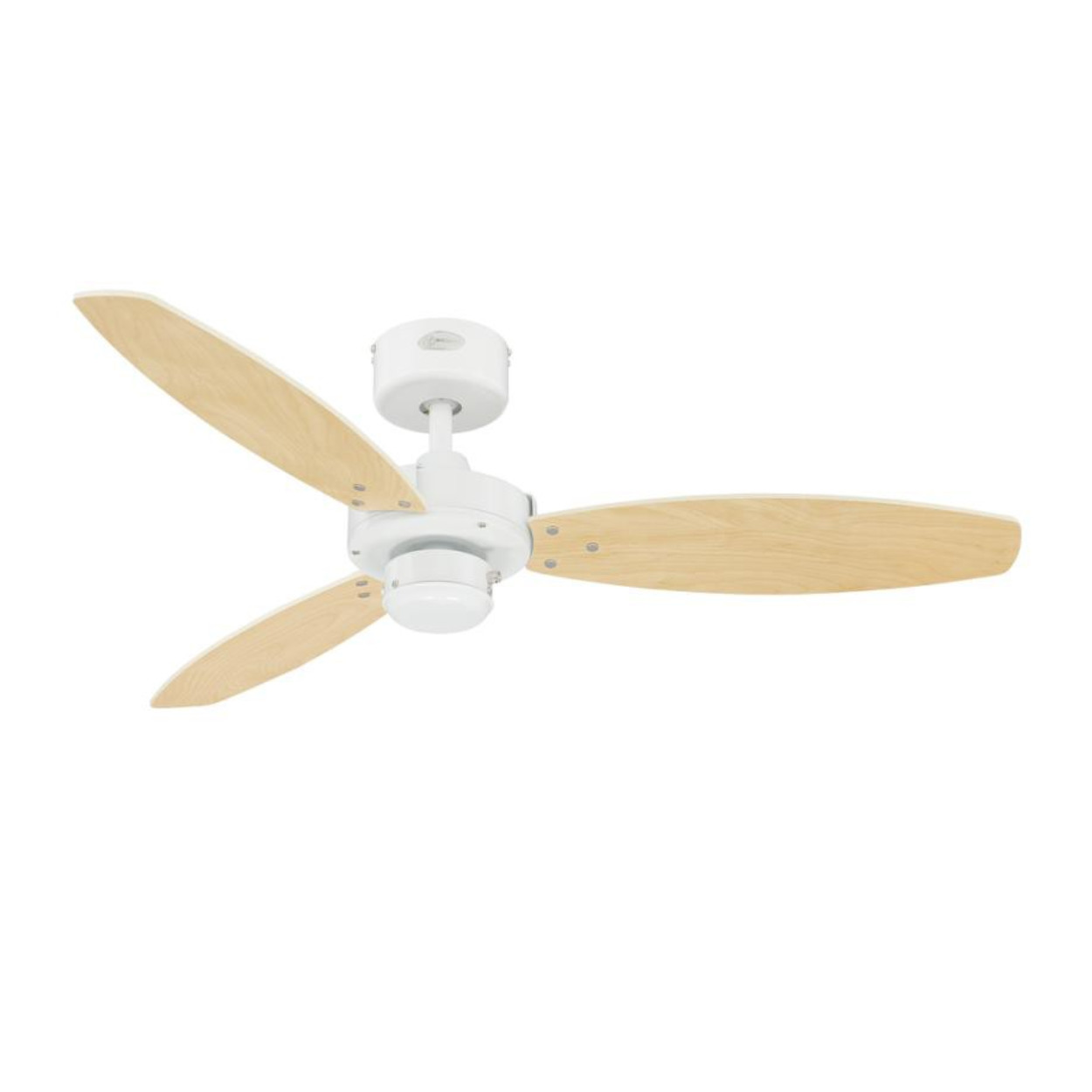 Weißer Deckenventilator mit drei Holzflügeln. Es ist eine Draufsicht.