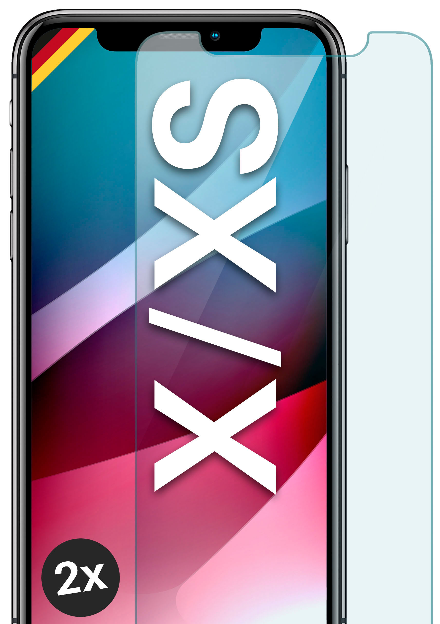 Telefon mit Displayschutzfolie. Das Wort 'S X/ X' steht in großen weißen Buchstaben.