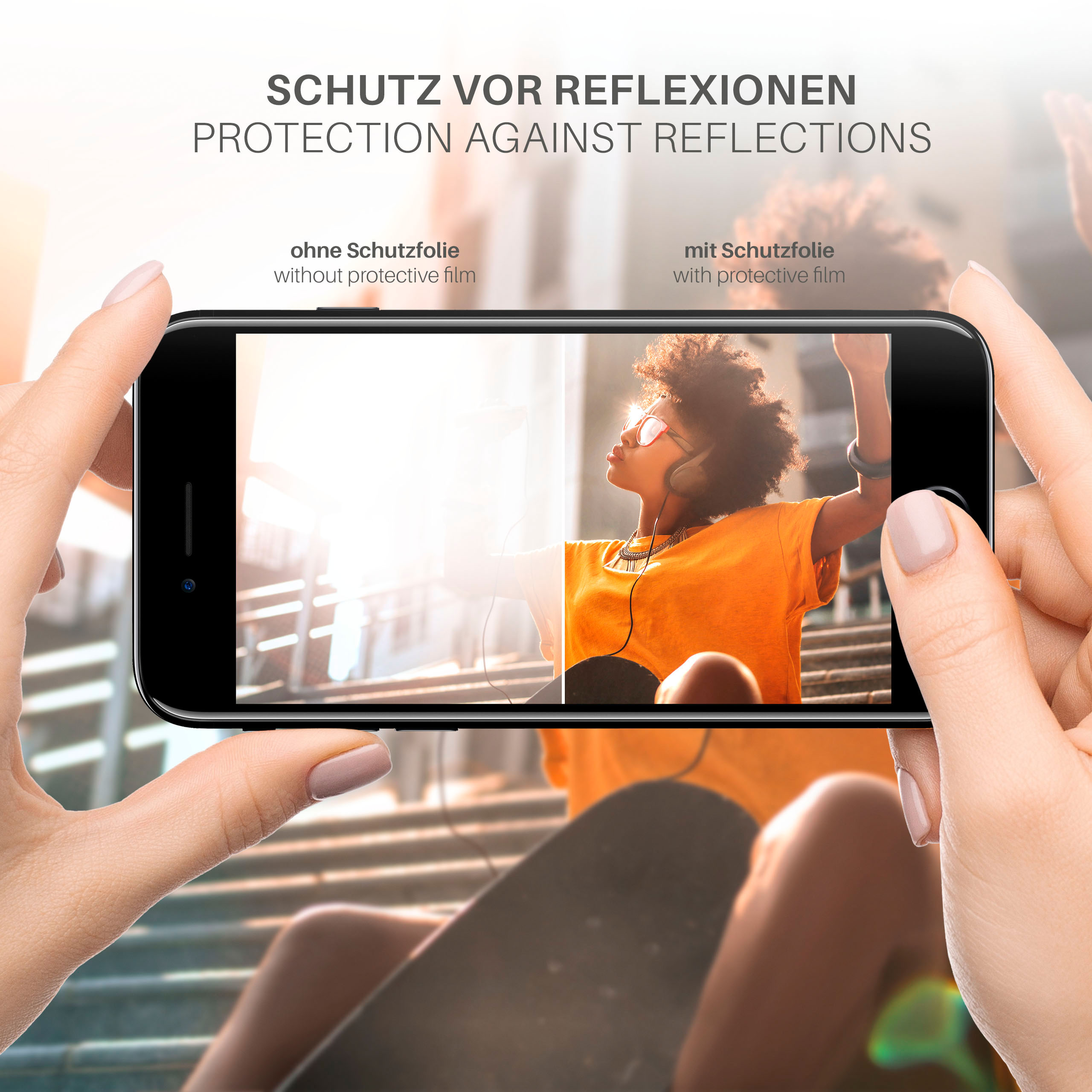 Ein Smartphone wird gehalten, das eine Frau mit Kopfhörern zeigt. Text: 'Schutz vor Reflexionen'.