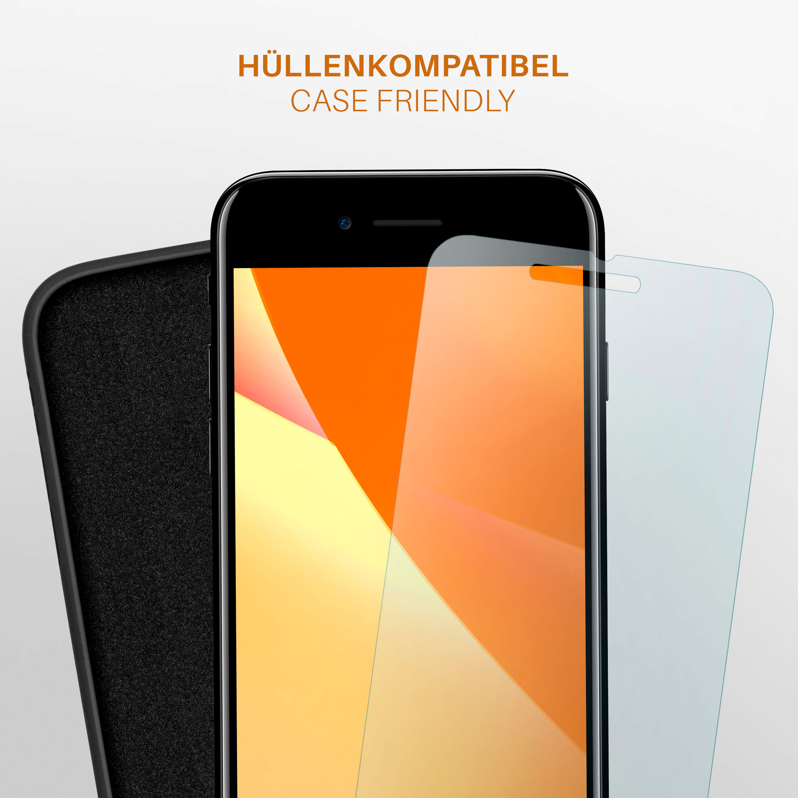 Telefon mit Displayschutz und schwarzer Hülle. Das Telefon zeigt einen Bildschirm.