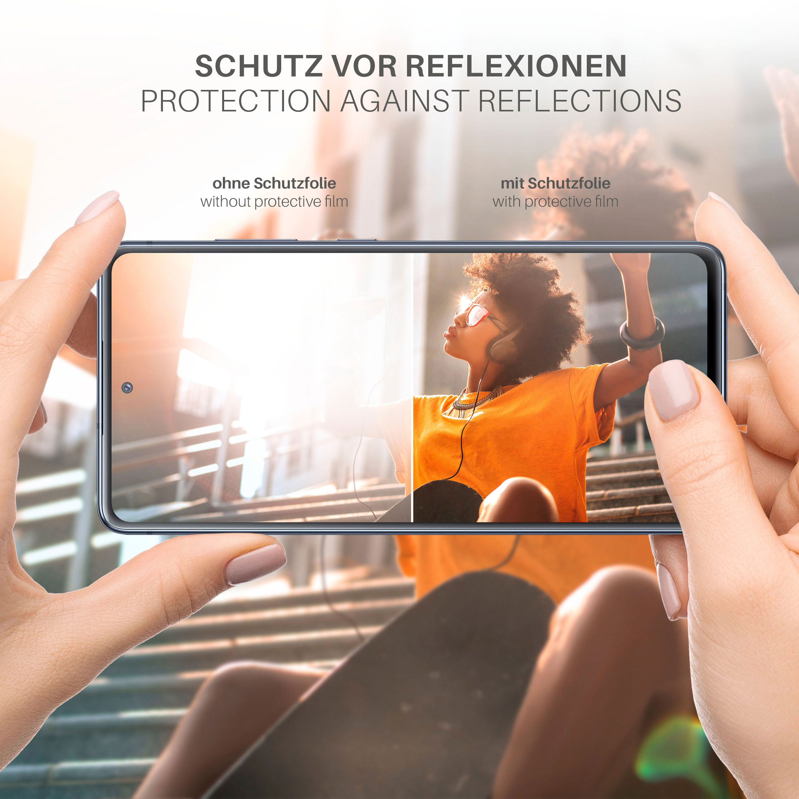 Telefon zeigt Frau im Sonnenlicht. Ein Telefon zeigt eine Frau mit Sonnenbrille. Text auf Deutsch über Schutz.