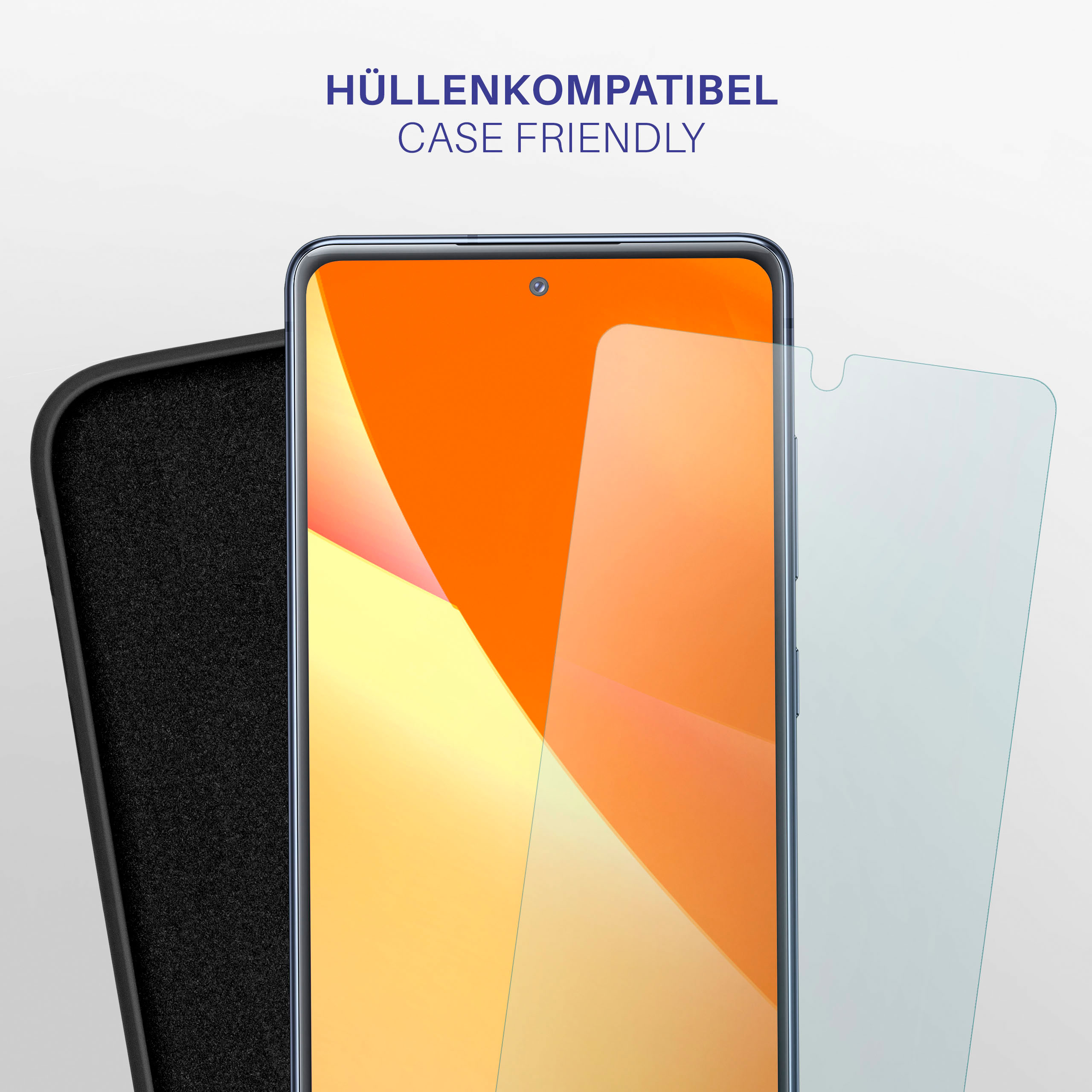 Ein Telefon und ein Displayschutz neben einer schwarzen Handyhülle. Text: Gehäusefreundlich.