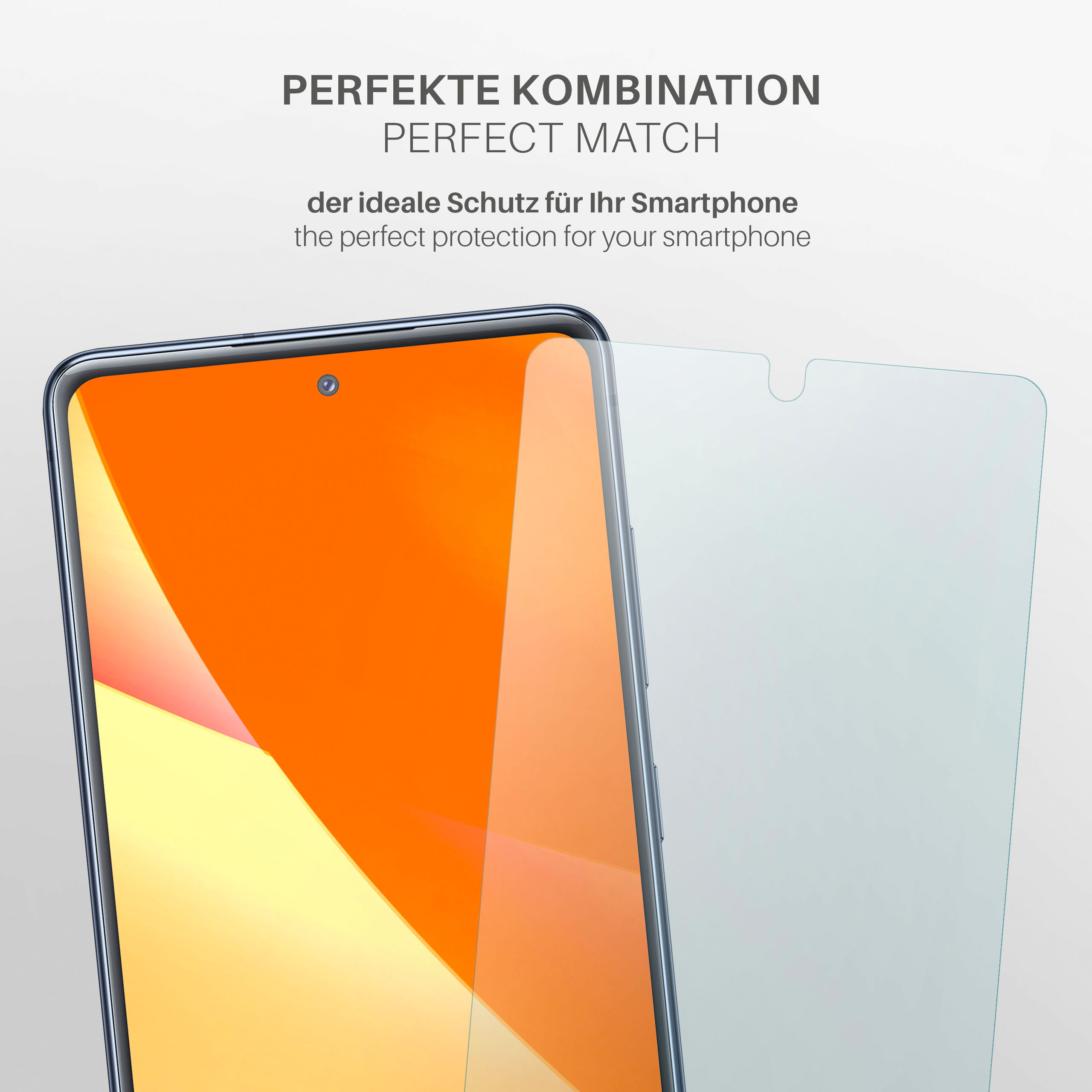 Ein Smartphone mit angebrachter Displayschutzfolie. Der Text oben lautet 'PERFECT MATCH'.