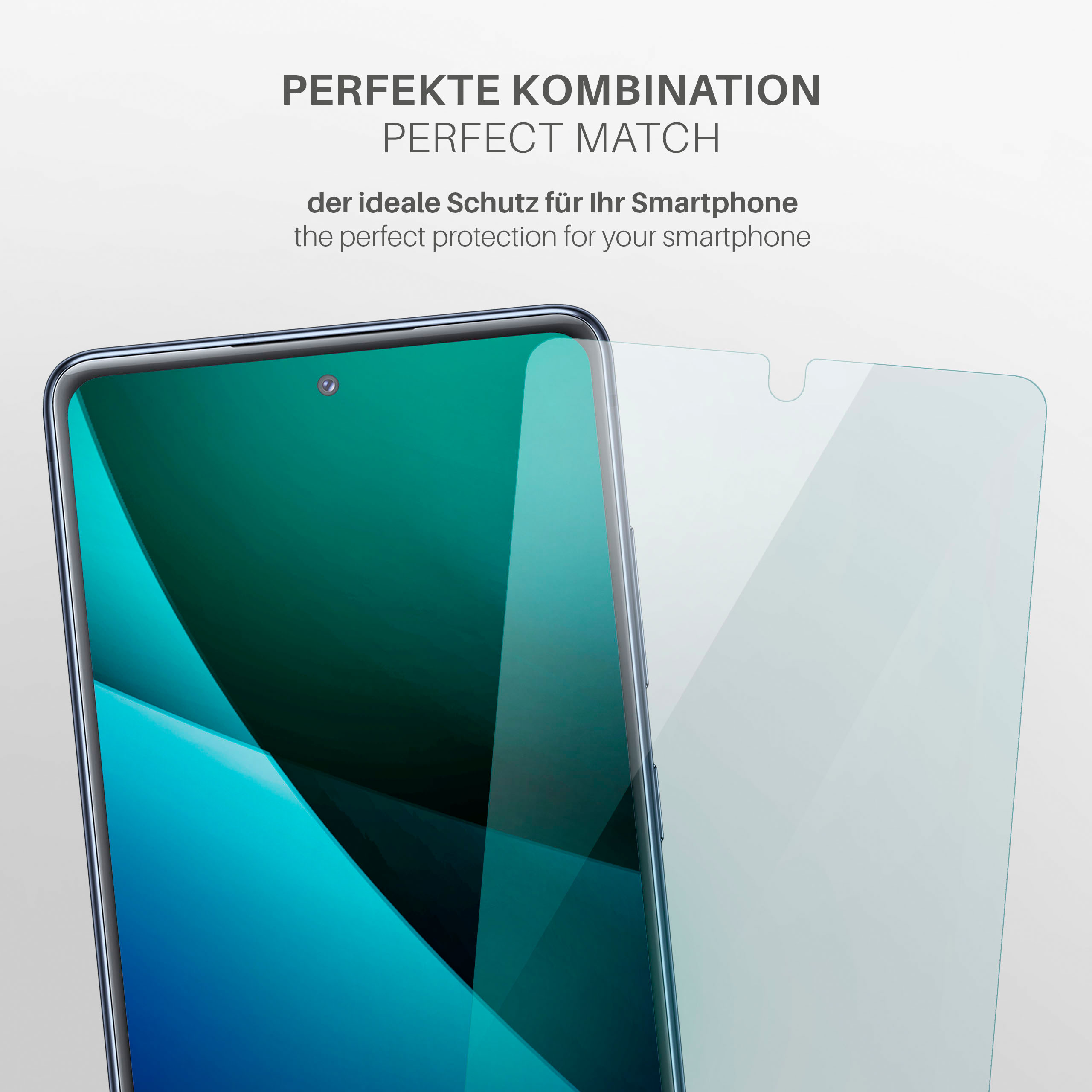 Ein Telefonbildschirm und eine Displayschutzfolie. Text sagt: PERFEKTE KOMBINATION, perfekter Schutz.