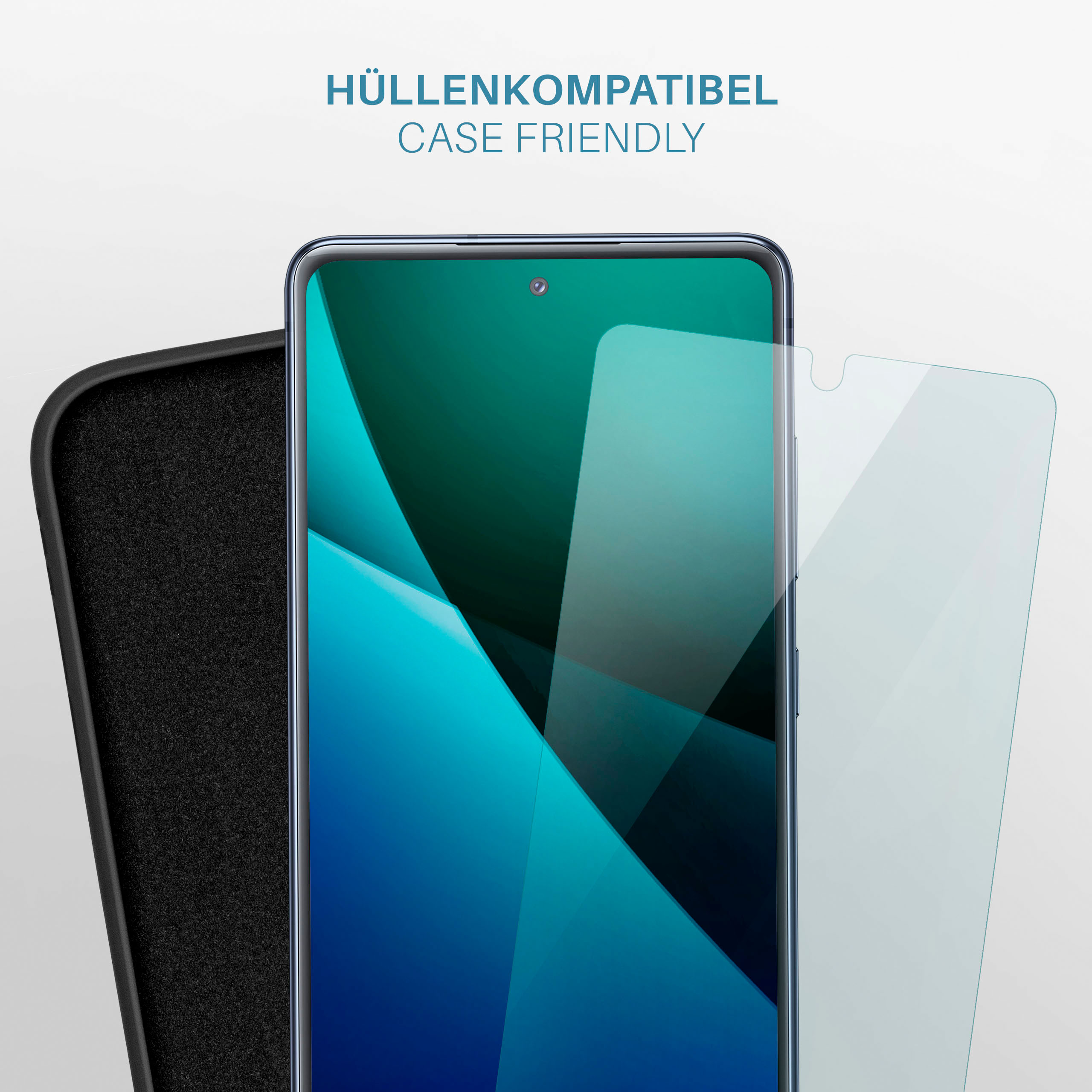 Telefon mit Displayschutz, Hülle und Text 'Case Friendly'.
