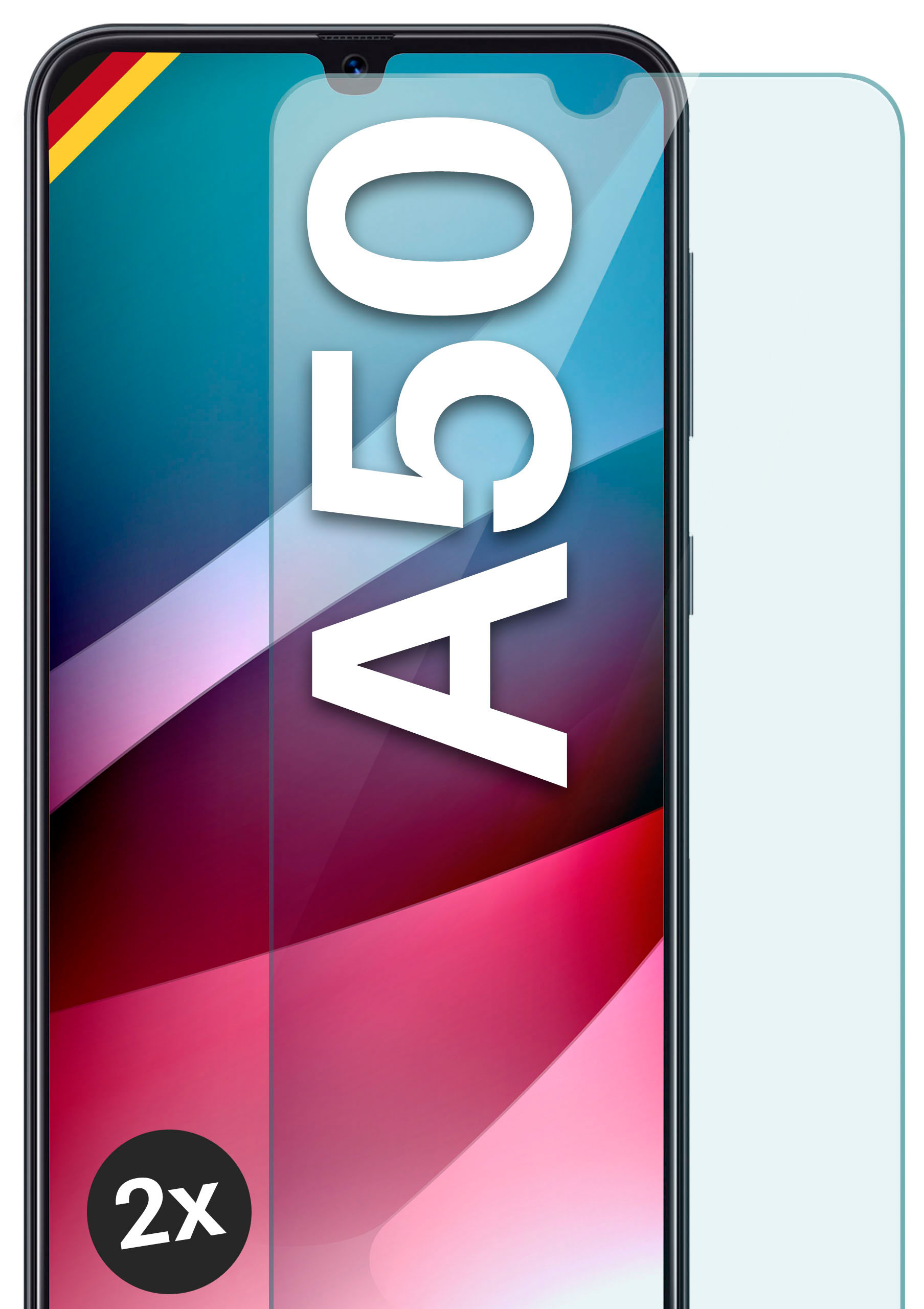Ein Smartphone mit Displayschutzfolie und der Nummer "A50" darauf.